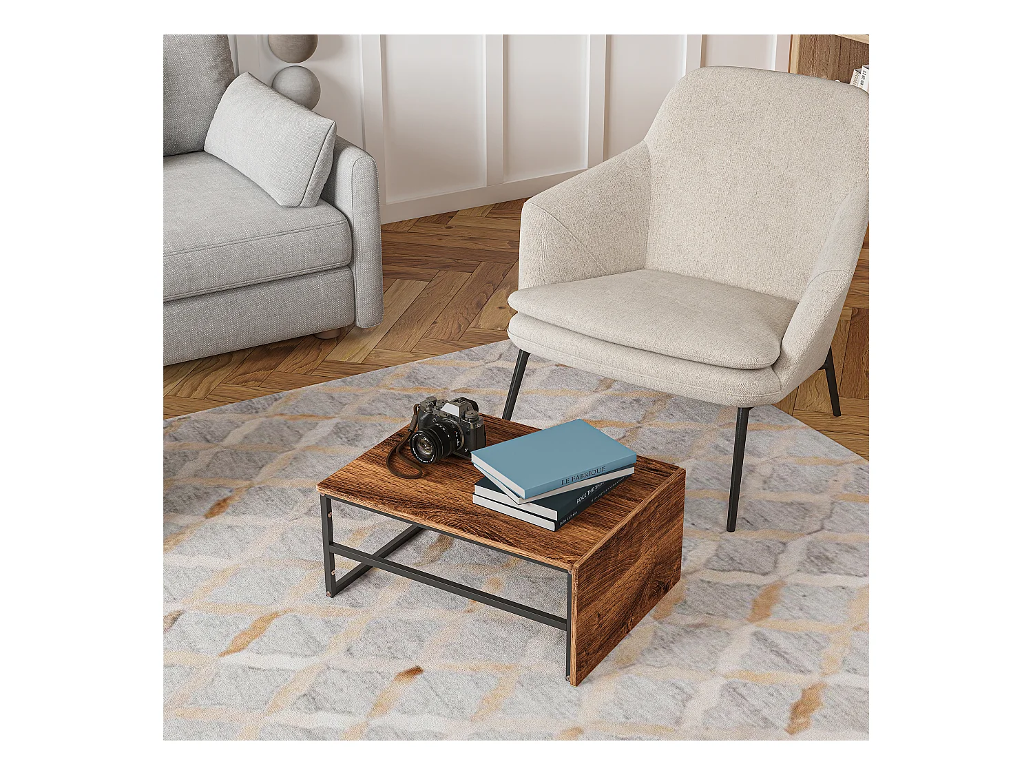 Table basse de rangement moderne à double couche - conception d'angle arrondie anti-collision, grand plateau de table de 105 cm avec étagères de rangement ouvertes