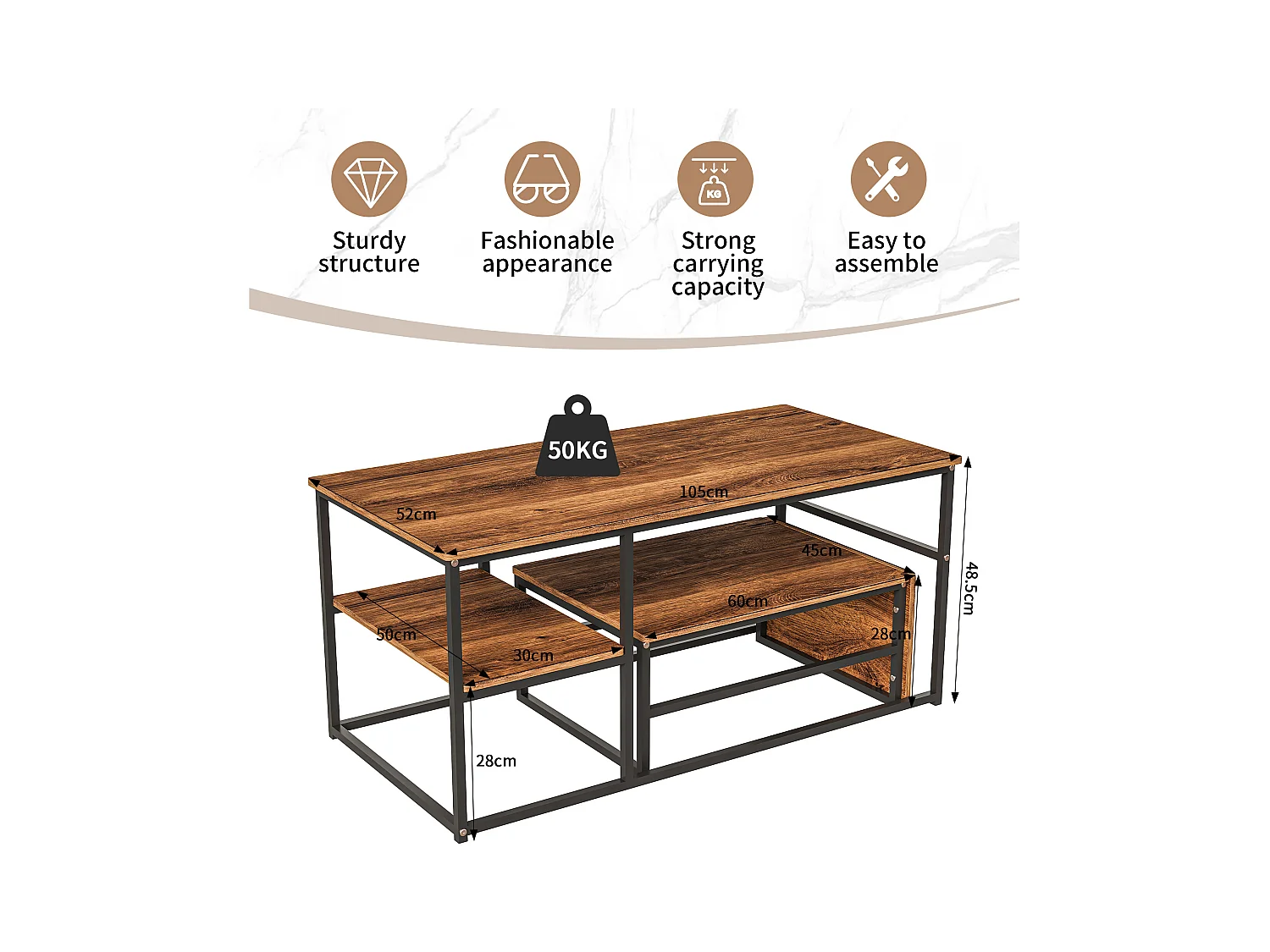 Table basse de rangement moderne à double couche - conception d'angle arrondie anti-collision, grand plateau de table de 105 cm avec étagères de rangement ouvertes