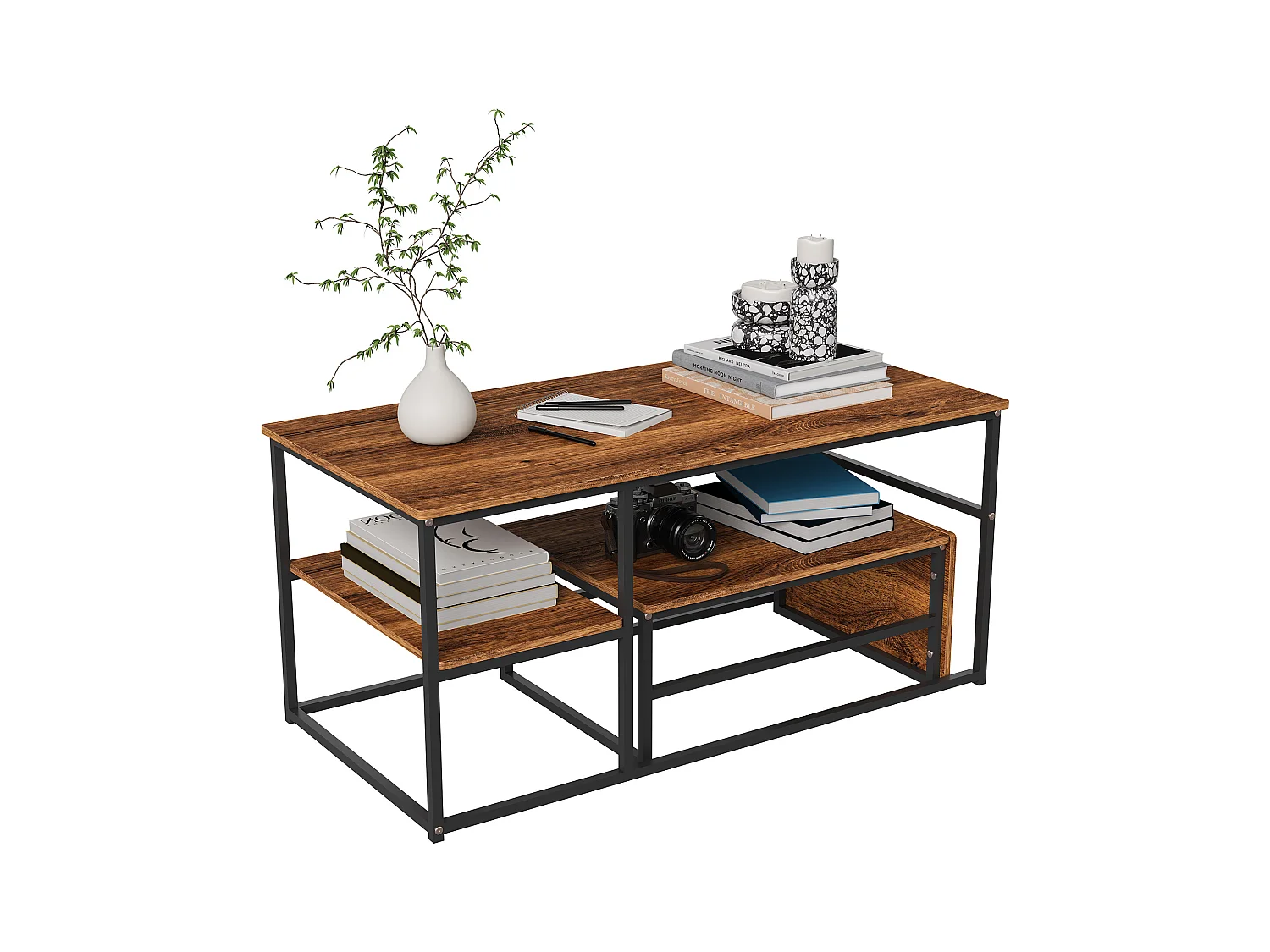 Table basse de rangement moderne à double couche - conception d'angle arrondie anti-collision, grand plateau de table de 105 cm avec étagères de rangement ouvertes