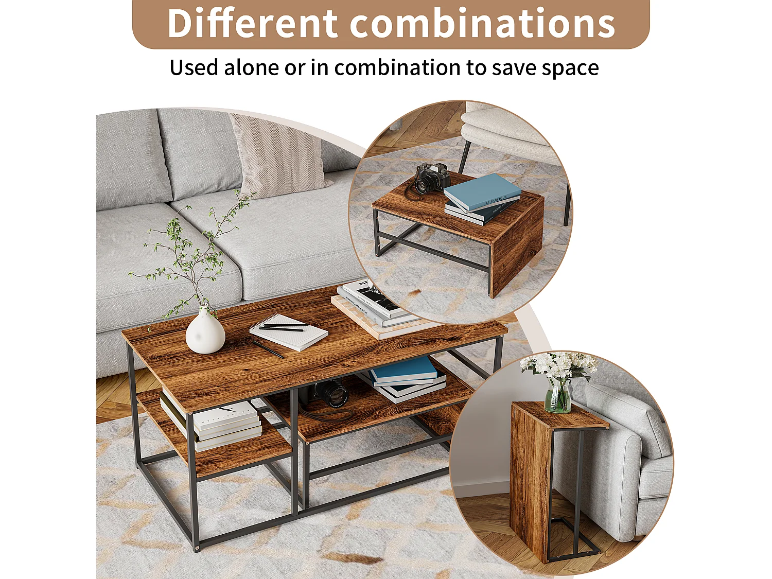 Table basse de rangement moderne à double couche - conception d'angle arrondie anti-collision, grand plateau de table de 105 cm avec étagères de rangement ouvertes