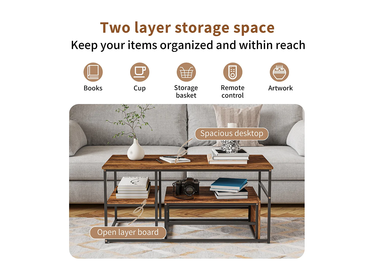 Moderne salontafel met dubbele opbergruimte - antibotsingsontwerp met afgeronde hoeken, 105 cm breed tafelblad met open opbergvakken