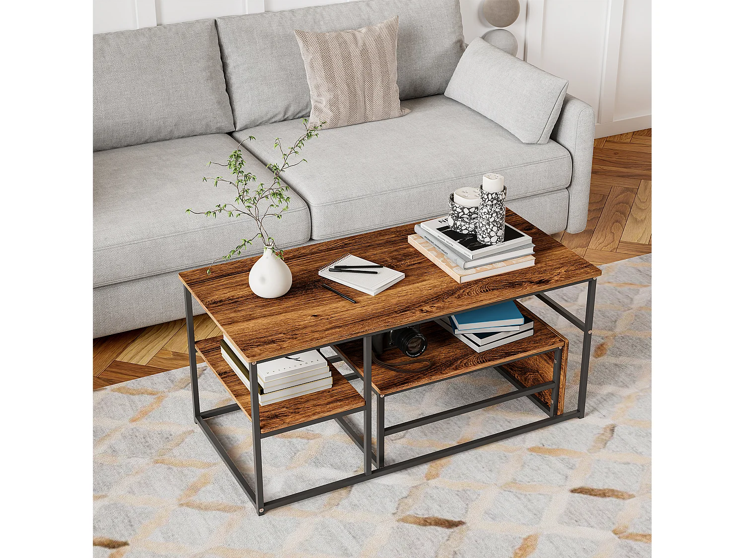 Table basse de rangement moderne à double couche - conception d'angle arrondie anti-collision, grand plateau de table de 105 cm avec étagères de rangement ouvertes