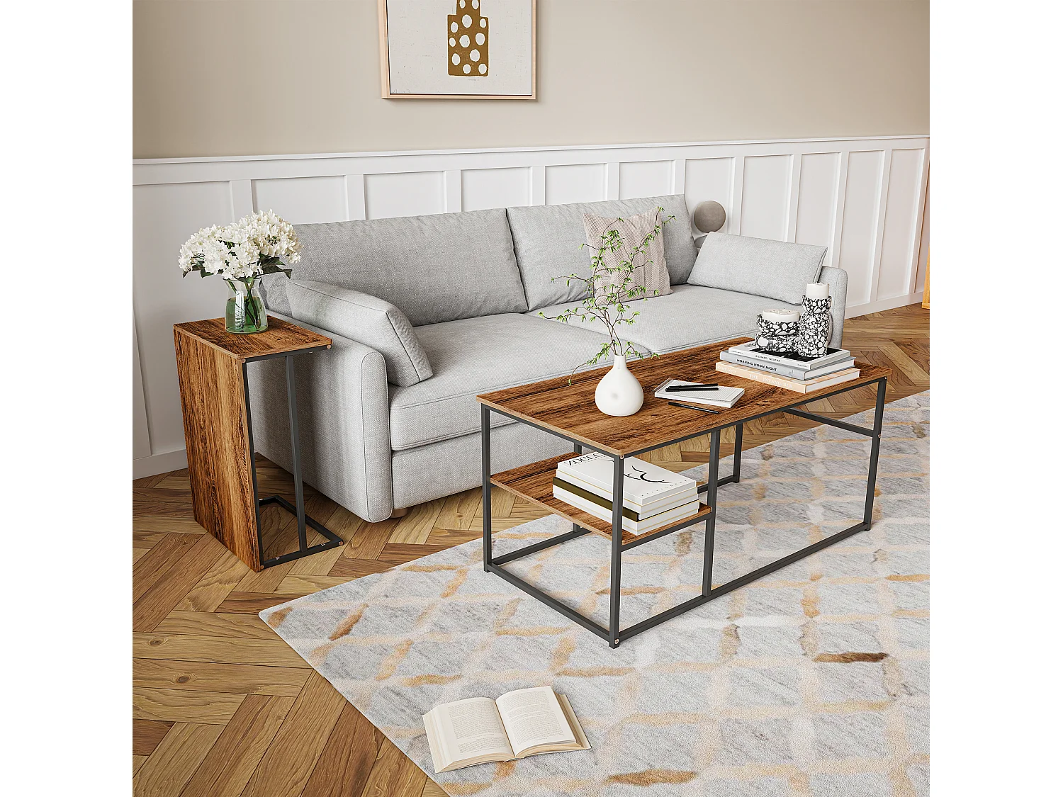Table basse de rangement moderne à double couche - conception d'angle arrondie anti-collision, grand plateau de table de 105 cm avec étagères de rangement ouvertes