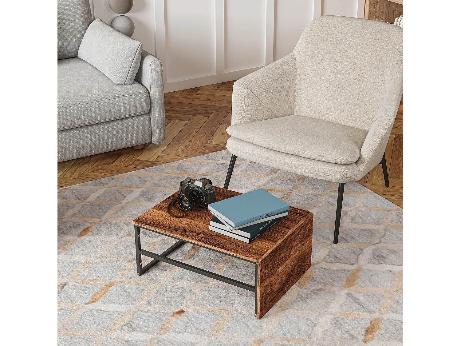 Table basse de rangement moderne à double couche - conception d'angle arrondie anti-collision, grand plateau de table de 105 cm avec étagères de rangement ouvertes