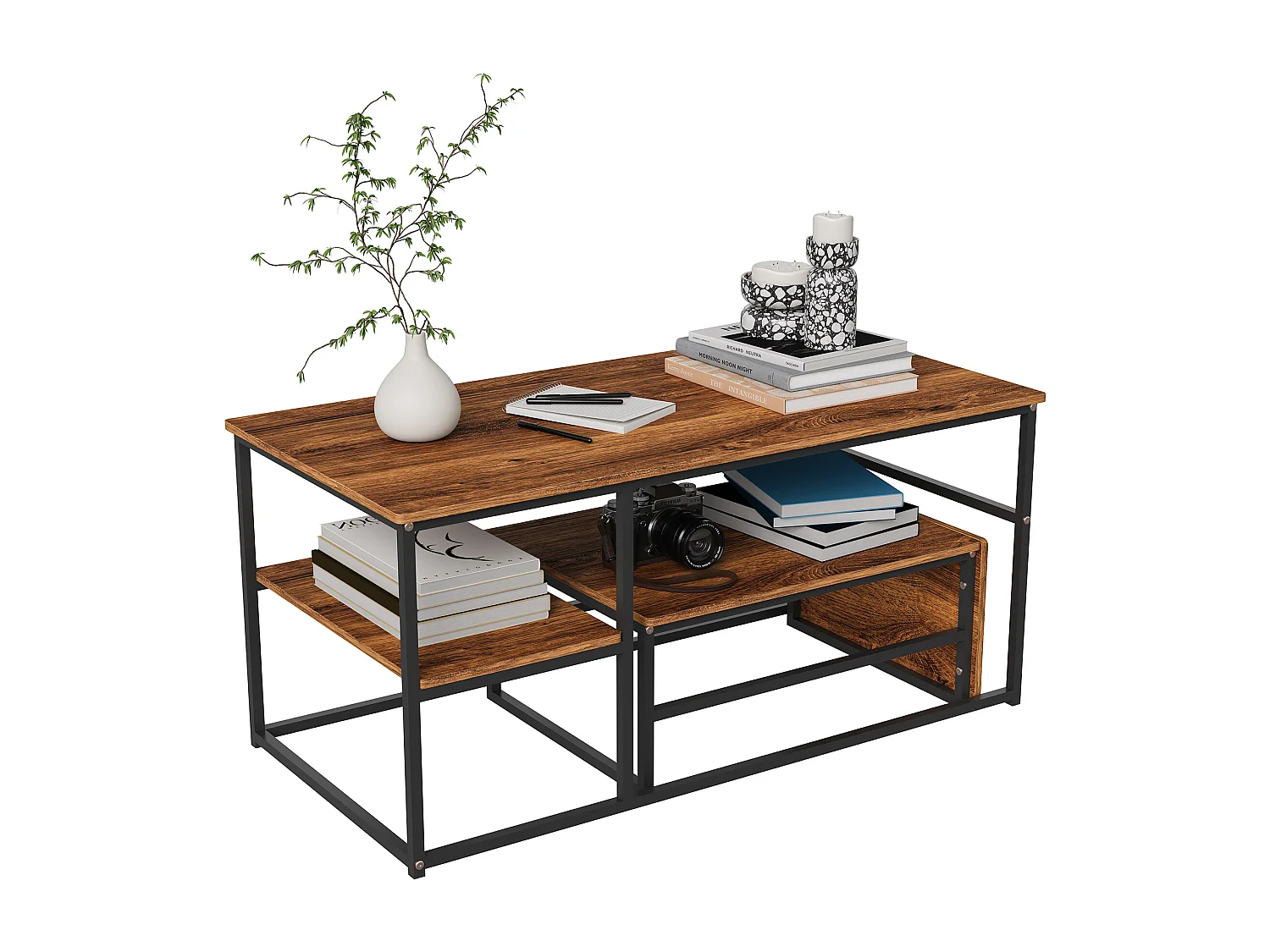 Table basse de rangement moderne à double couche - conception d'angle arrondie anti-collision, grand plateau de table de 105 cm avec étagères de rangement ouvertes
