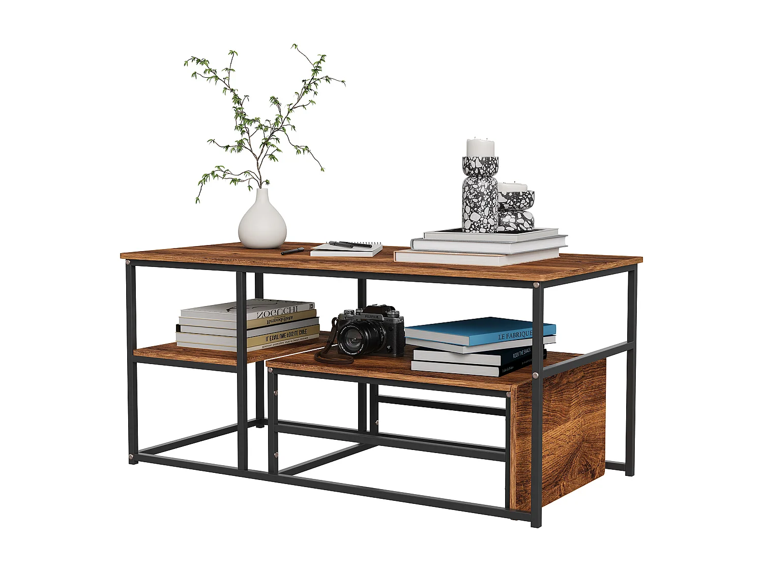 Table basse de rangement moderne à double couche - conception d'angle arrondie anti-collision, grand plateau de table de 105 cm avec étagères de rangement ouvertes