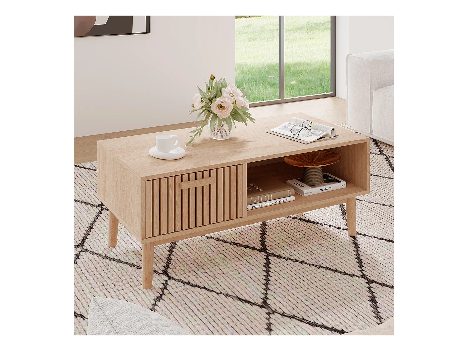 Table basse de salon avec rangement - Plateau solide, pieds en bois massif, panneau artistique aéré, gestion des câbles, 100x50x43cm