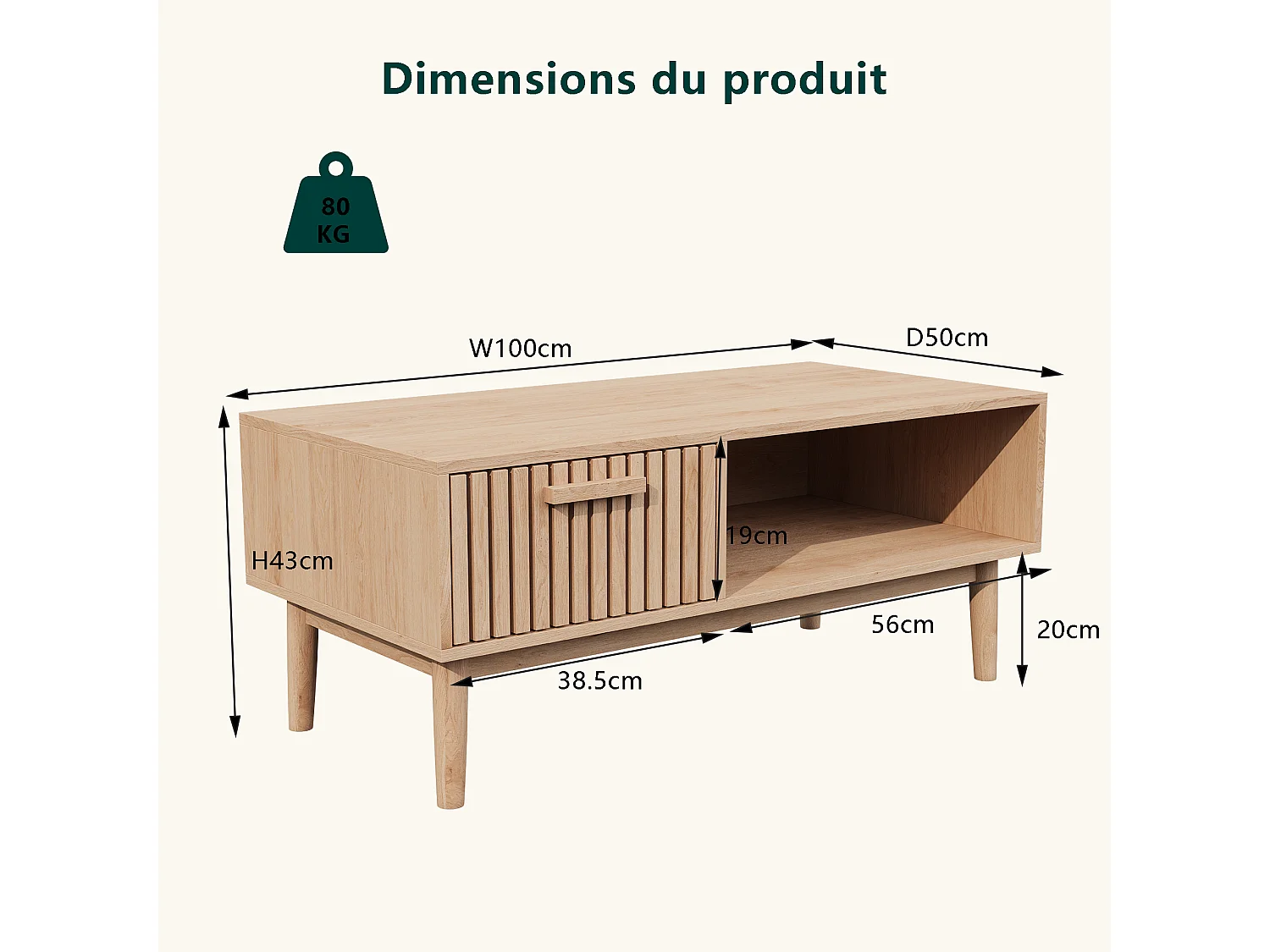Table basse de salon avec rangement - Plateau solide, pieds en bois massif, panneau artistique aéré, gestion des câbles, 100x50x43cm