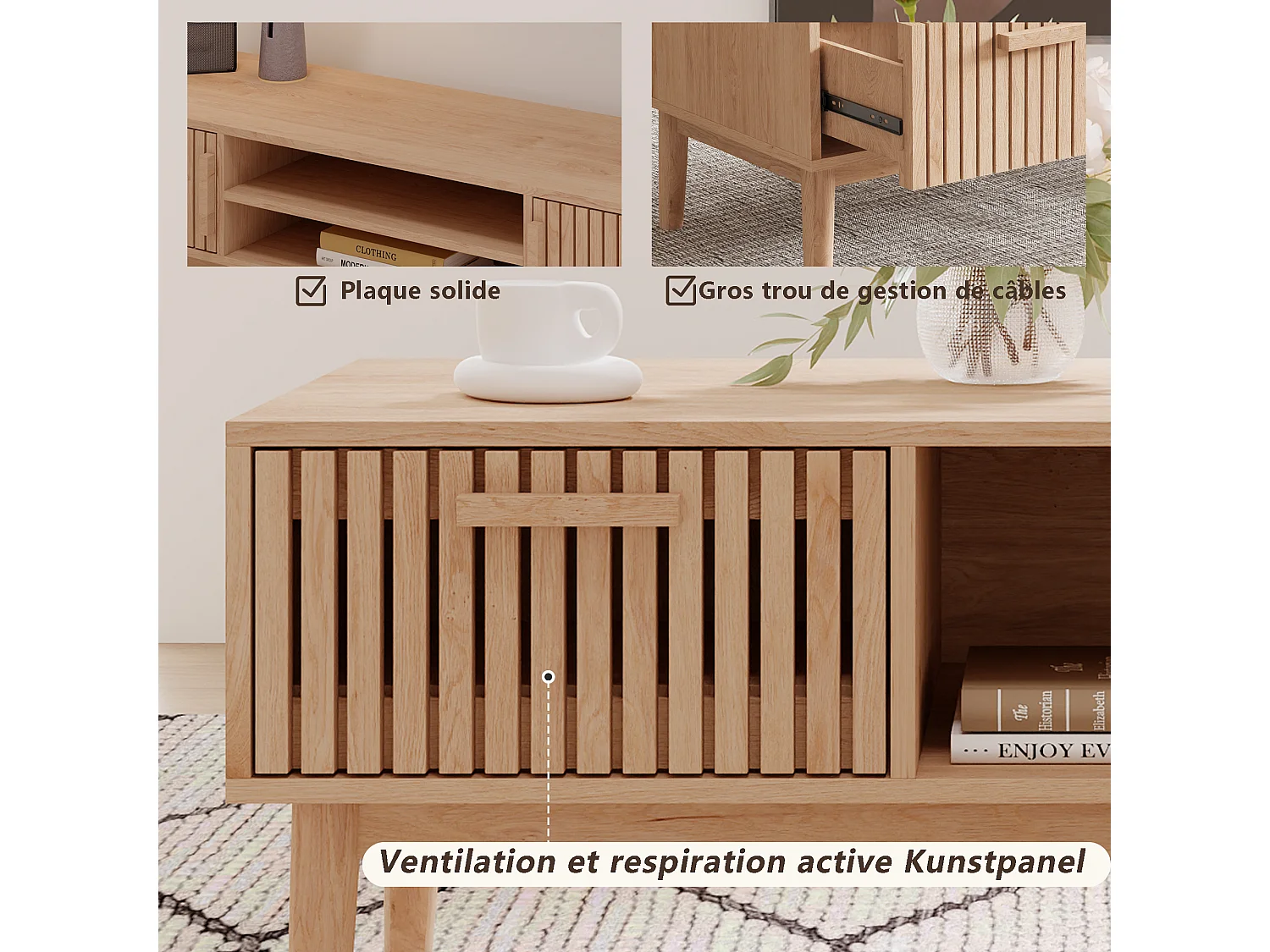 Table basse de salon avec rangement - Plateau solide, pieds en bois massif, panneau artistique aéré, gestion des câbles, 100x50x43cm