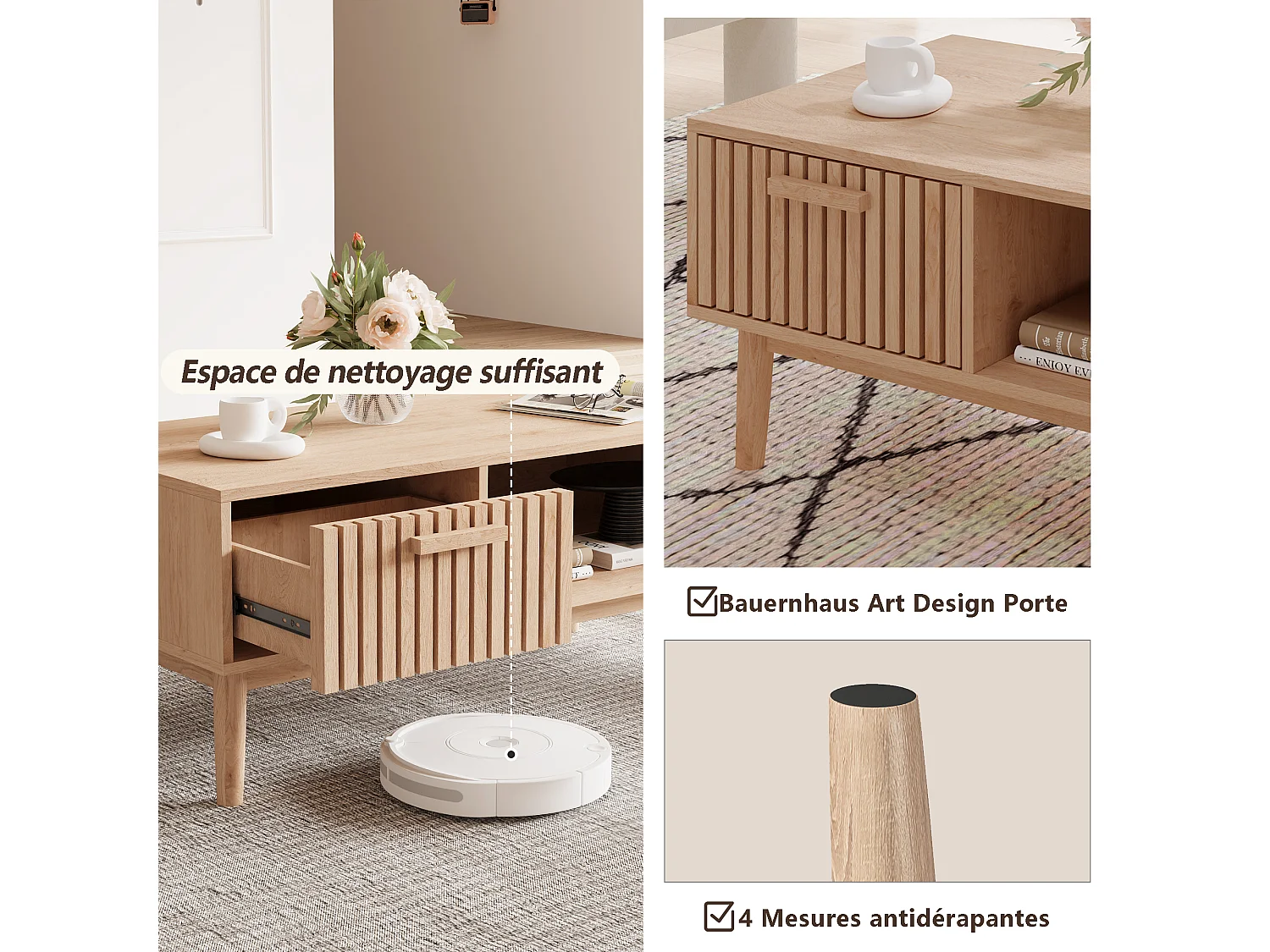 Table basse de salon avec rangement - Plateau solide, pieds en bois massif, panneau artistique aéré, gestion des câbles, 100x50x43cm