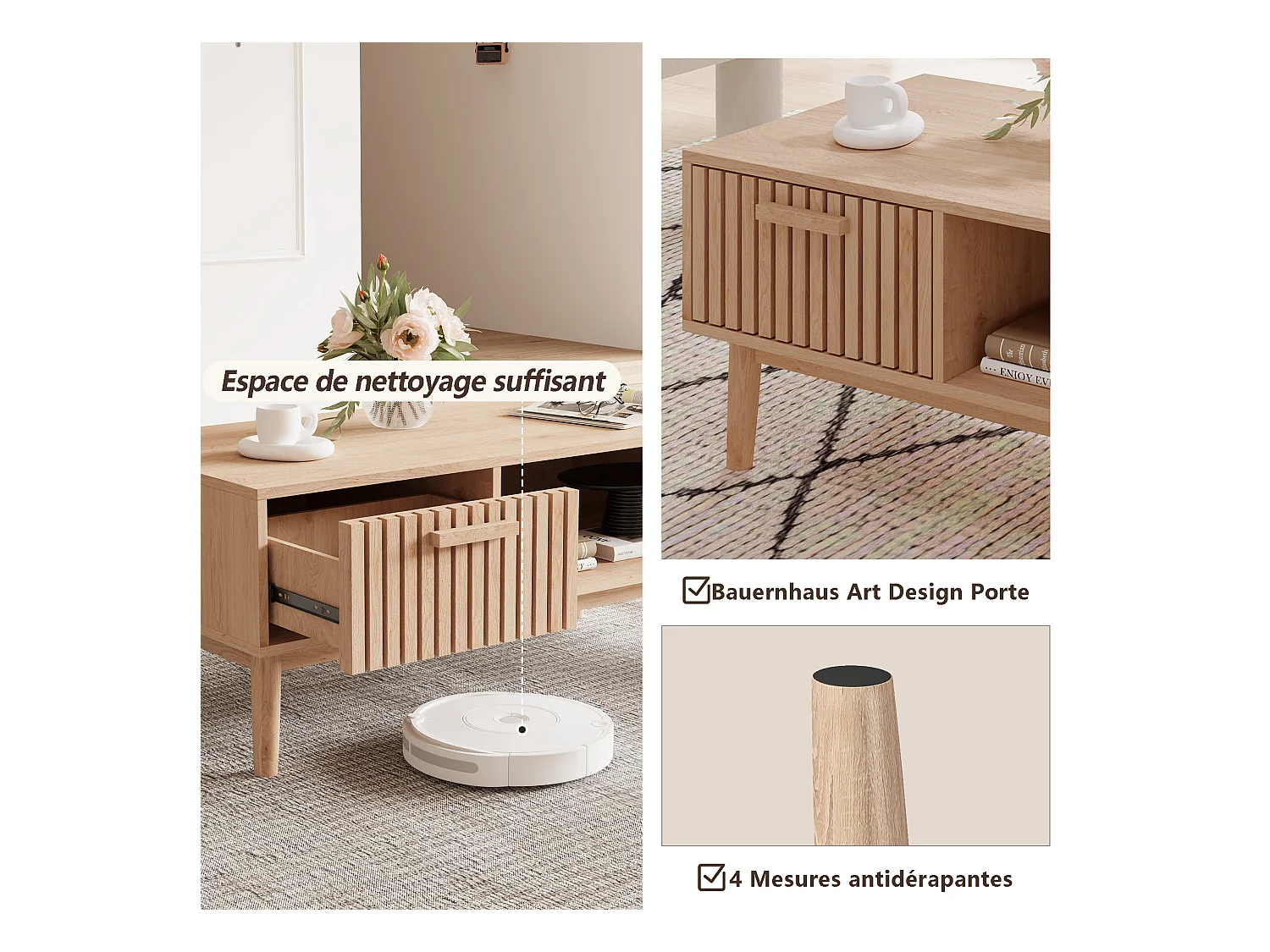 Couchtisch für das Wohnzimmer mit Stauraum – stabile Platte, Beine aus Massivholz, luftiges Kunstpaneel, Kabelmanagement, 100 x 50 x 43 cm