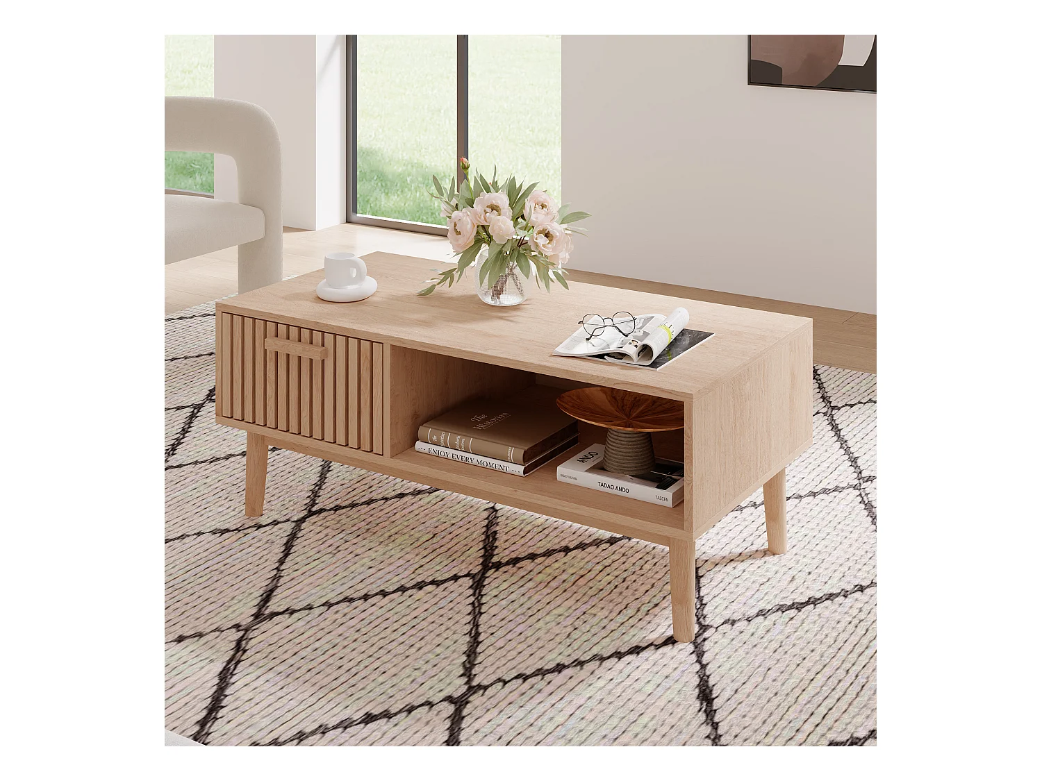 Couchtisch für das Wohnzimmer mit Stauraum – stabile Platte, Beine aus Massivholz, luftiges Kunstpaneel, Kabelmanagement, 100 x 50 x 43 cm