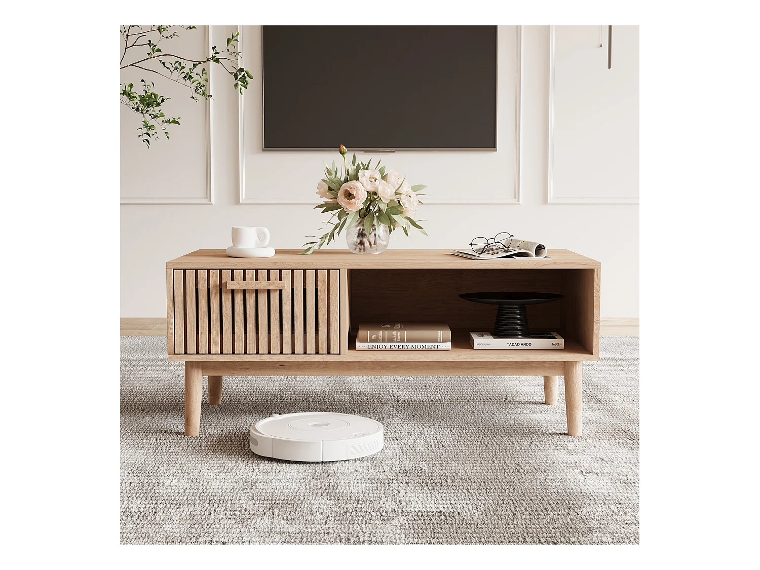 Couchtisch für das Wohnzimmer mit Stauraum – stabile Platte, Beine aus Massivholz, luftiges Kunstpaneel, Kabelmanagement, 100 x 50 x 43 cm