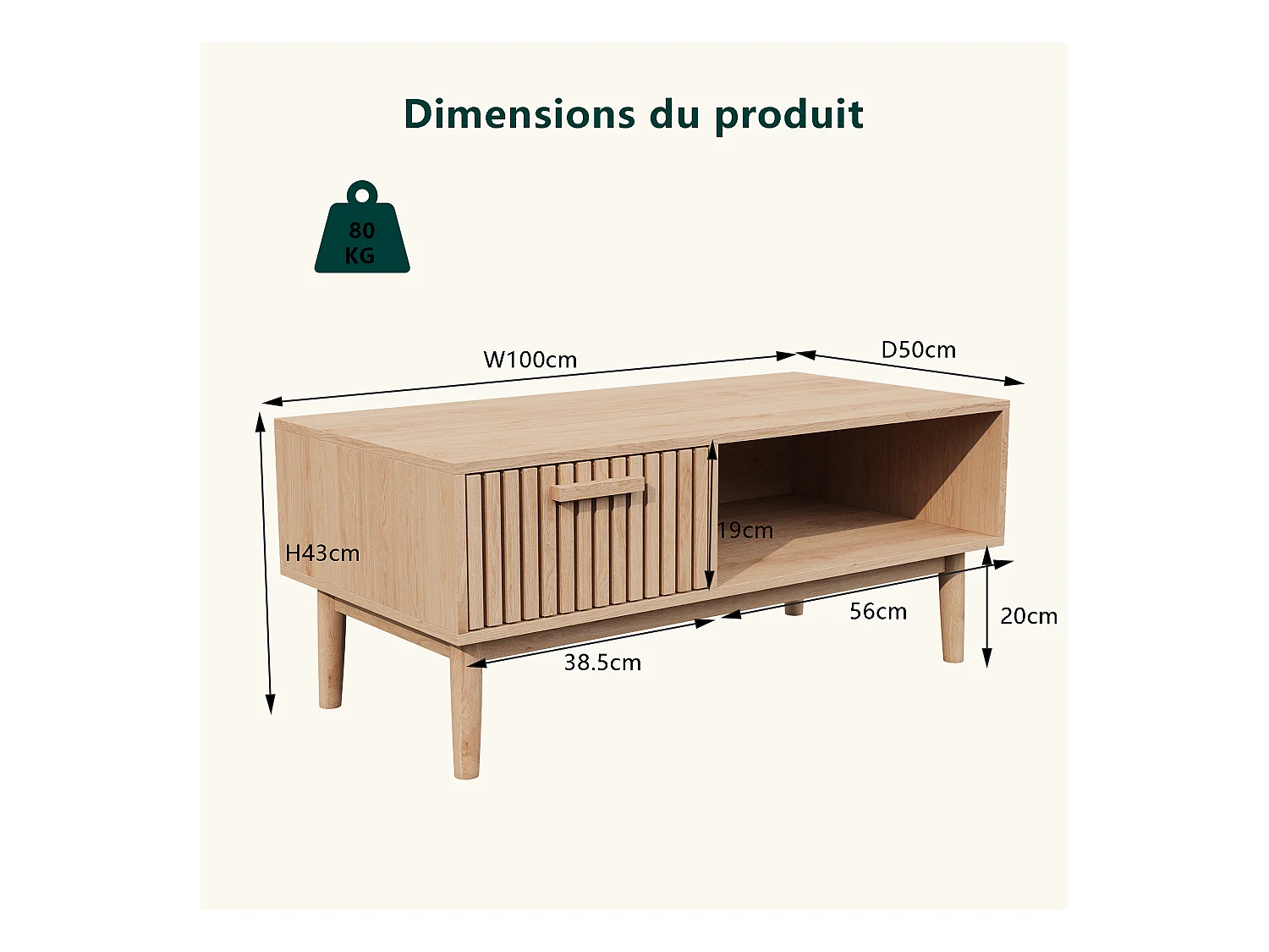 Couchtisch für das Wohnzimmer mit Stauraum – stabile Platte, Beine aus Massivholz, luftiges Kunstpaneel, Kabelmanagement, 100 x 50 x 43 cm