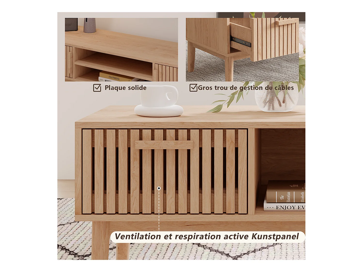 Couchtisch für das Wohnzimmer mit Stauraum – stabile Platte, Beine aus Massivholz, luftiges Kunstpaneel, Kabelmanagement, 100 x 50 x 43 cm