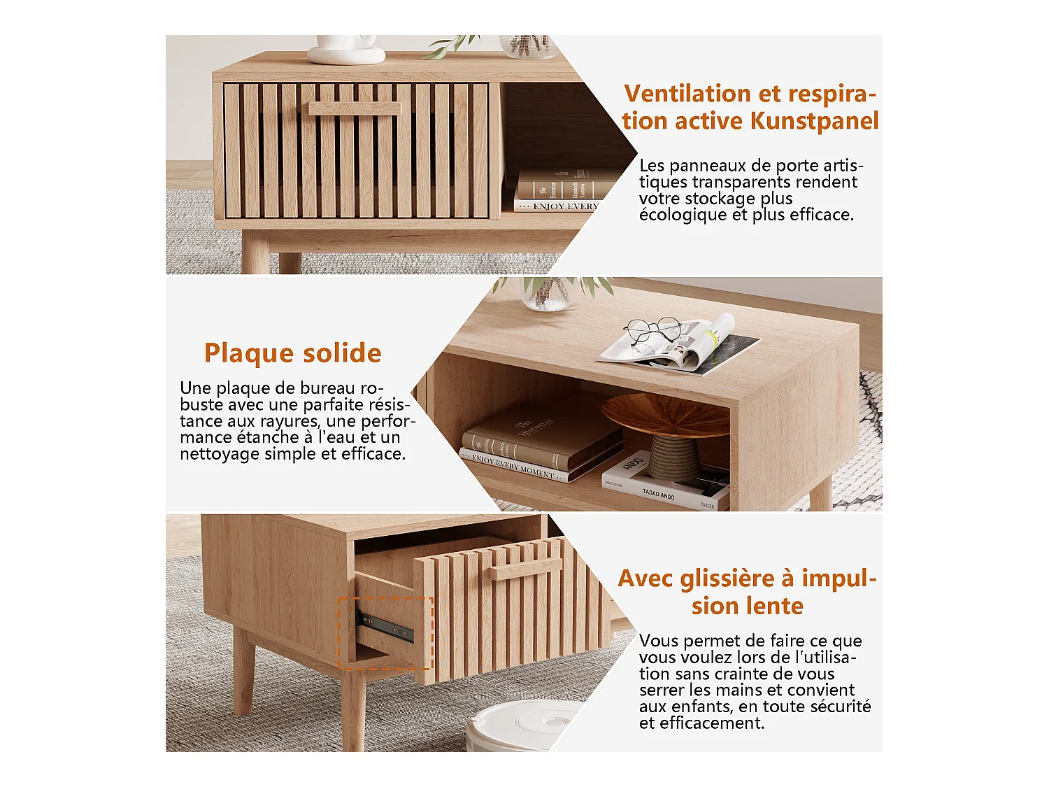 Couchtisch für das Wohnzimmer mit Stauraum – stabile Platte, Beine aus Massivholz, luftiges Kunstpaneel, Kabelmanagement, 100 x 50 x 43 cm