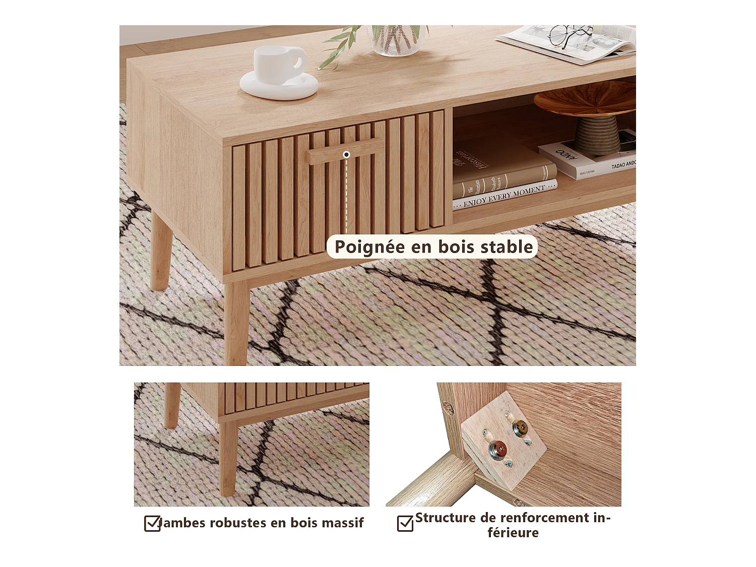 Couchtisch für das Wohnzimmer mit Stauraum – stabile Platte, Beine aus Massivholz, luftiges Kunstpaneel, Kabelmanagement, 100 x 50 x 43 cm
