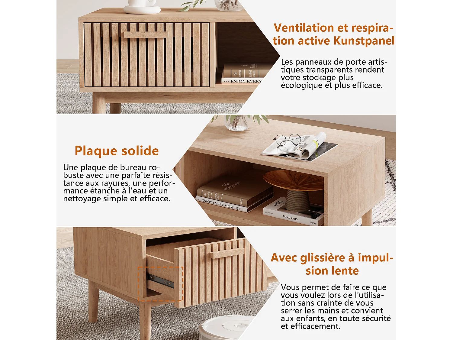 Table basse de salon avec rangement - Plateau solide, pieds en bois massif, panneau artistique aéré, gestion des câbles, 100x50x43cm