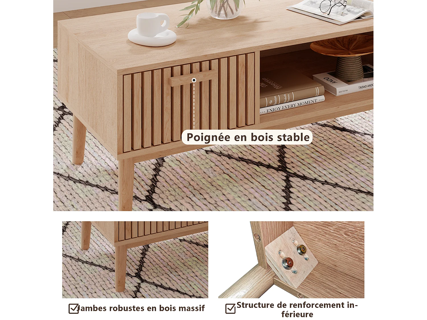 Table basse de salon avec rangement - Plateau solide, pieds en bois massif, panneau artistique aéré, gestion des câbles, 100x50x43cm