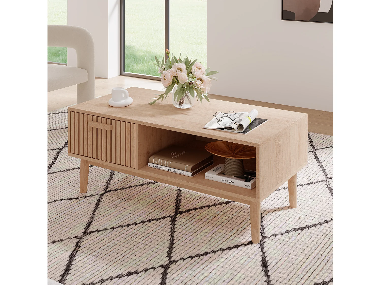Table basse de salon avec rangement - Plateau solide, pieds en bois massif, panneau artistique aéré, gestion des câbles, 100x50x43cm