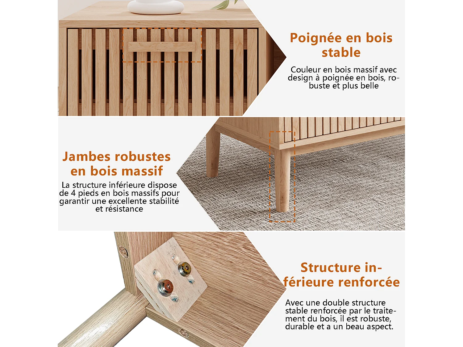 Table basse de salon avec rangement - Plateau solide, pieds en bois massif, panneau artistique aéré, gestion des câbles, 100x50x43cm