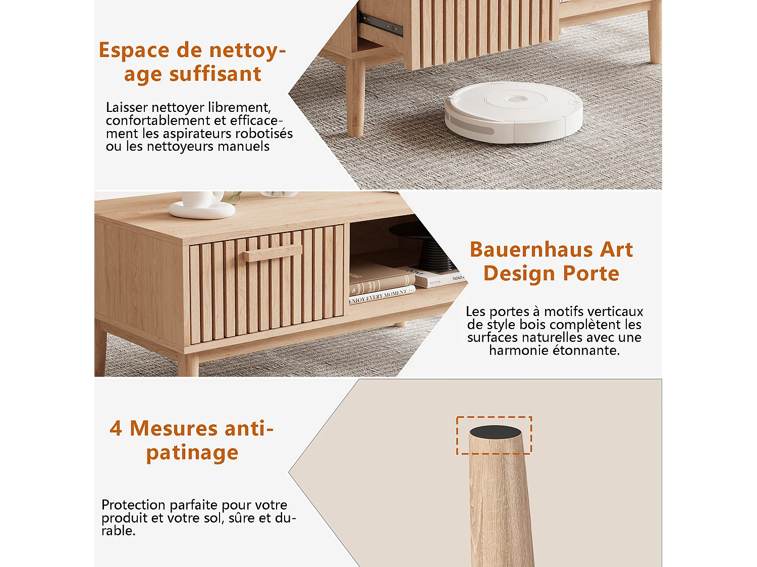 Table basse de salon avec rangement - Plateau solide, pieds en bois massif, panneau artistique aéré, gestion des câbles, 100x50x43cm