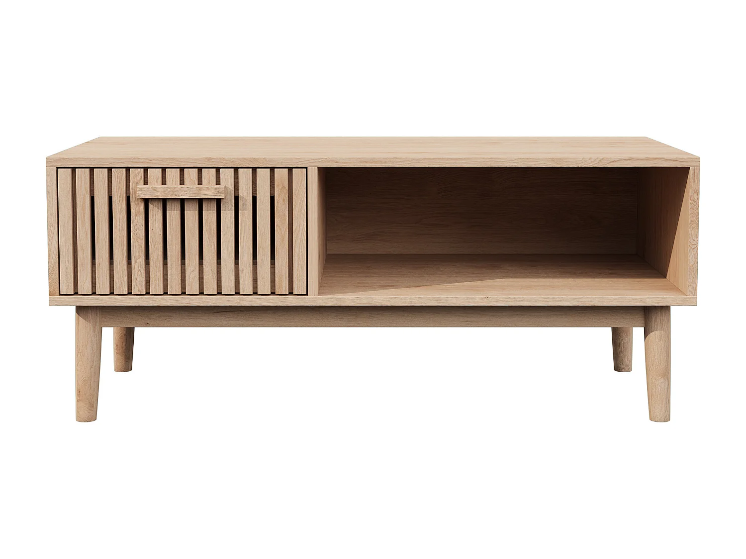 Table basse de salon avec rangement - Plateau solide, pieds en bois massif, panneau artistique aéré, gestion des câbles, 100x50x43cm