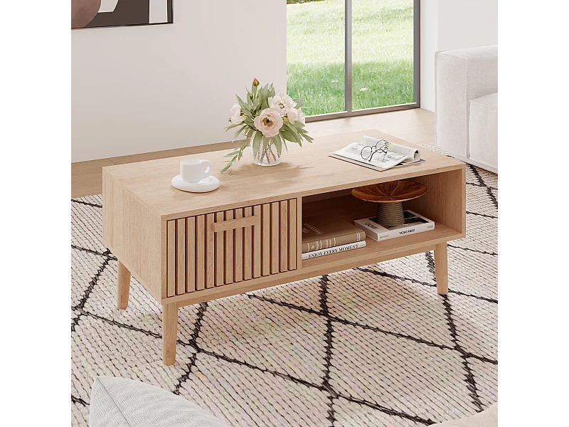 Table basse de salon avec rangement - Plateau solide, pieds en bois massif, panneau artistique aéré, gestion des câbles, 100x50x43cm