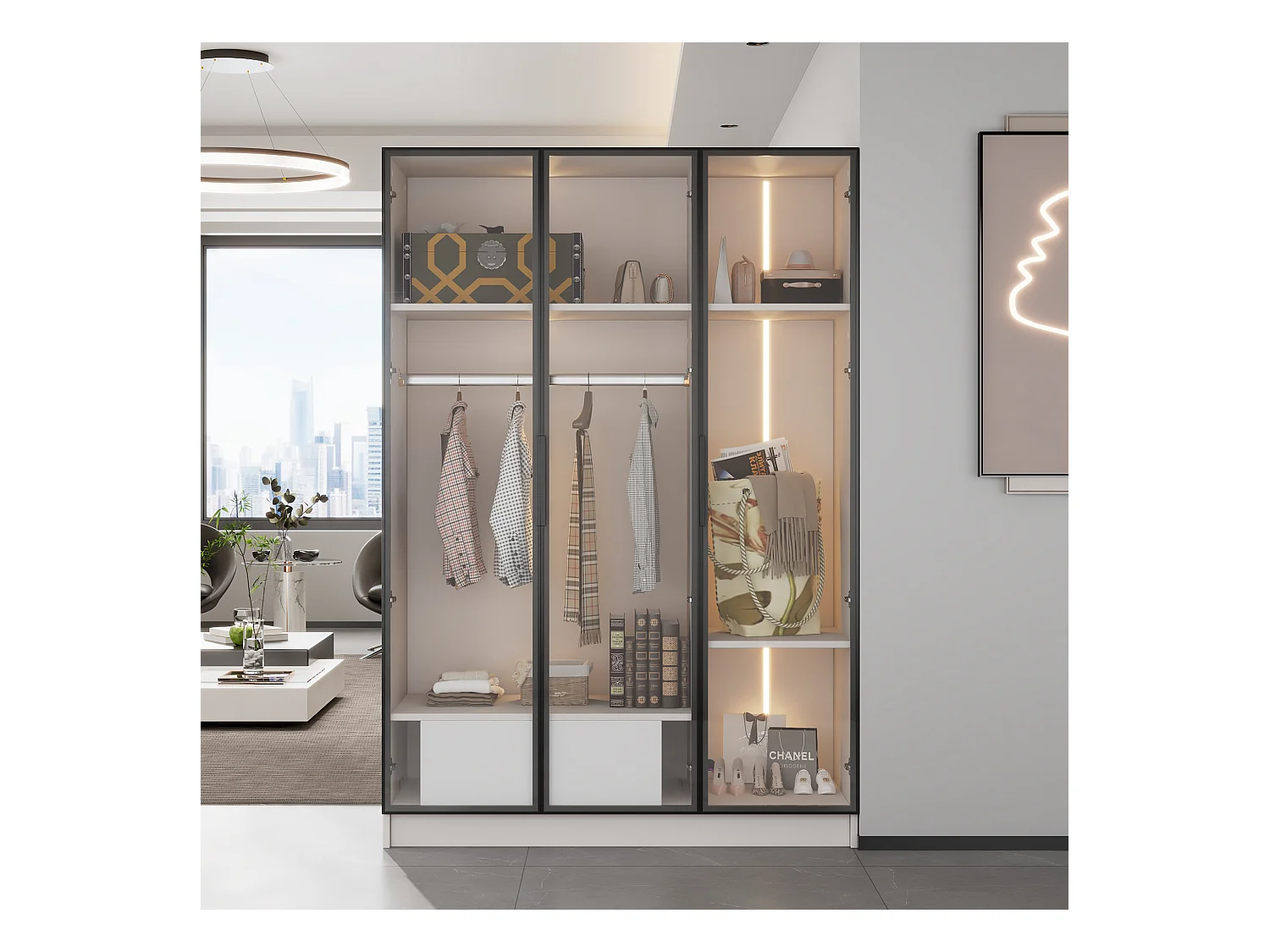 Armoire 110x50x160 cm LED avec 3 portes en vitrée 1 tiroir et 1 barre à vêtements - en bois - blanc