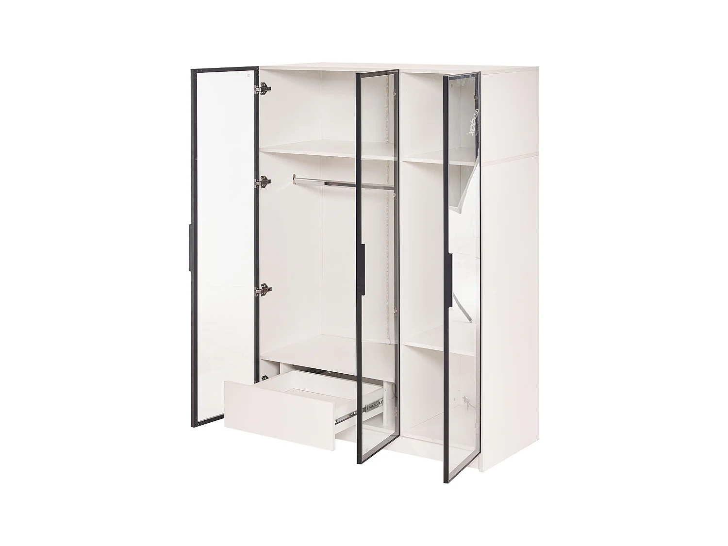 Armoire 110x50x160 cm LED avec 3 portes en vitrée 1 tiroir et 1 barre à vêtements - en bois - blanc