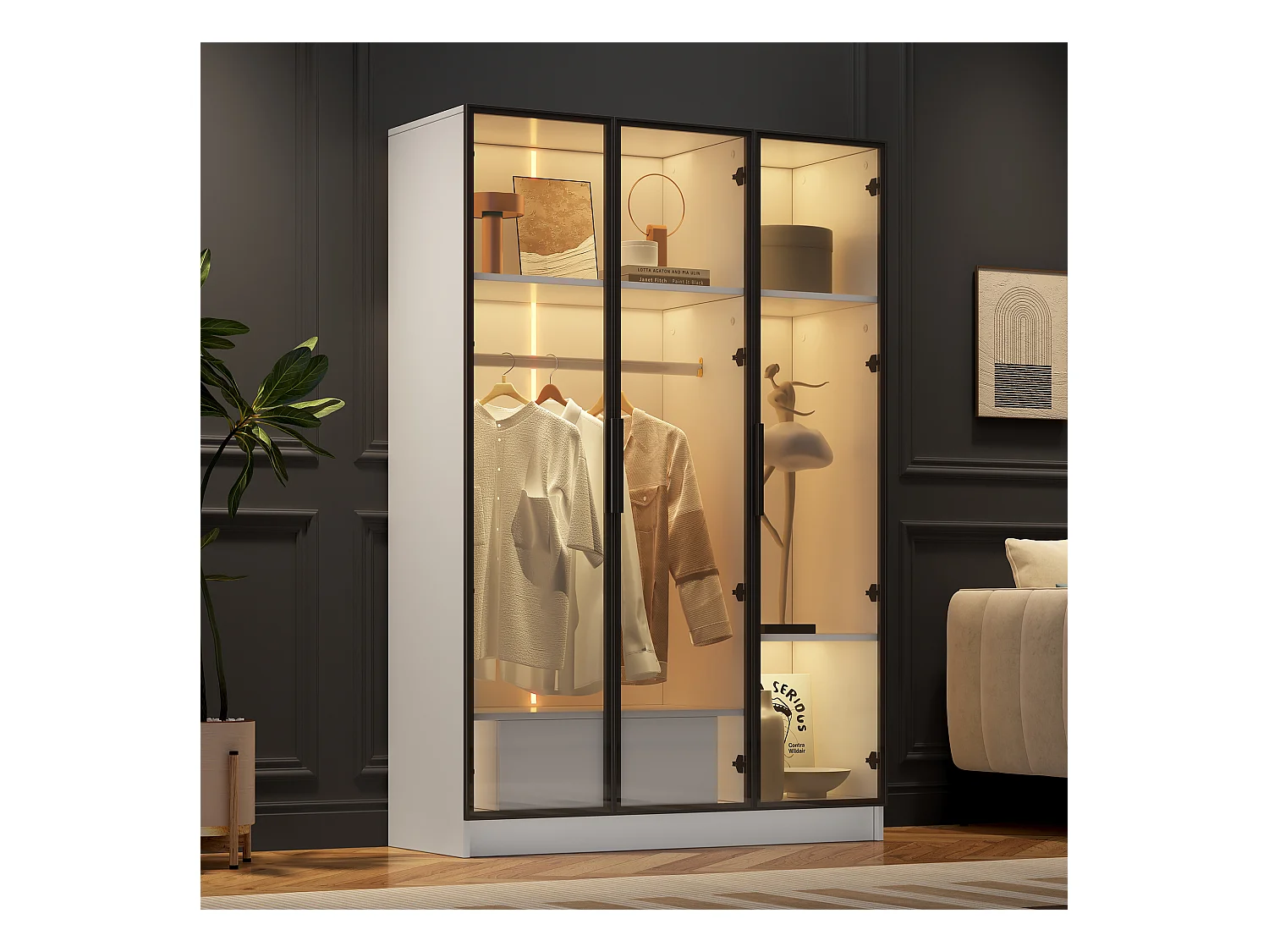 Armoire 110x50x160 cm LED avec 3 portes en vitrée 1 tiroir et 1 barre à vêtements - en bois - blanc