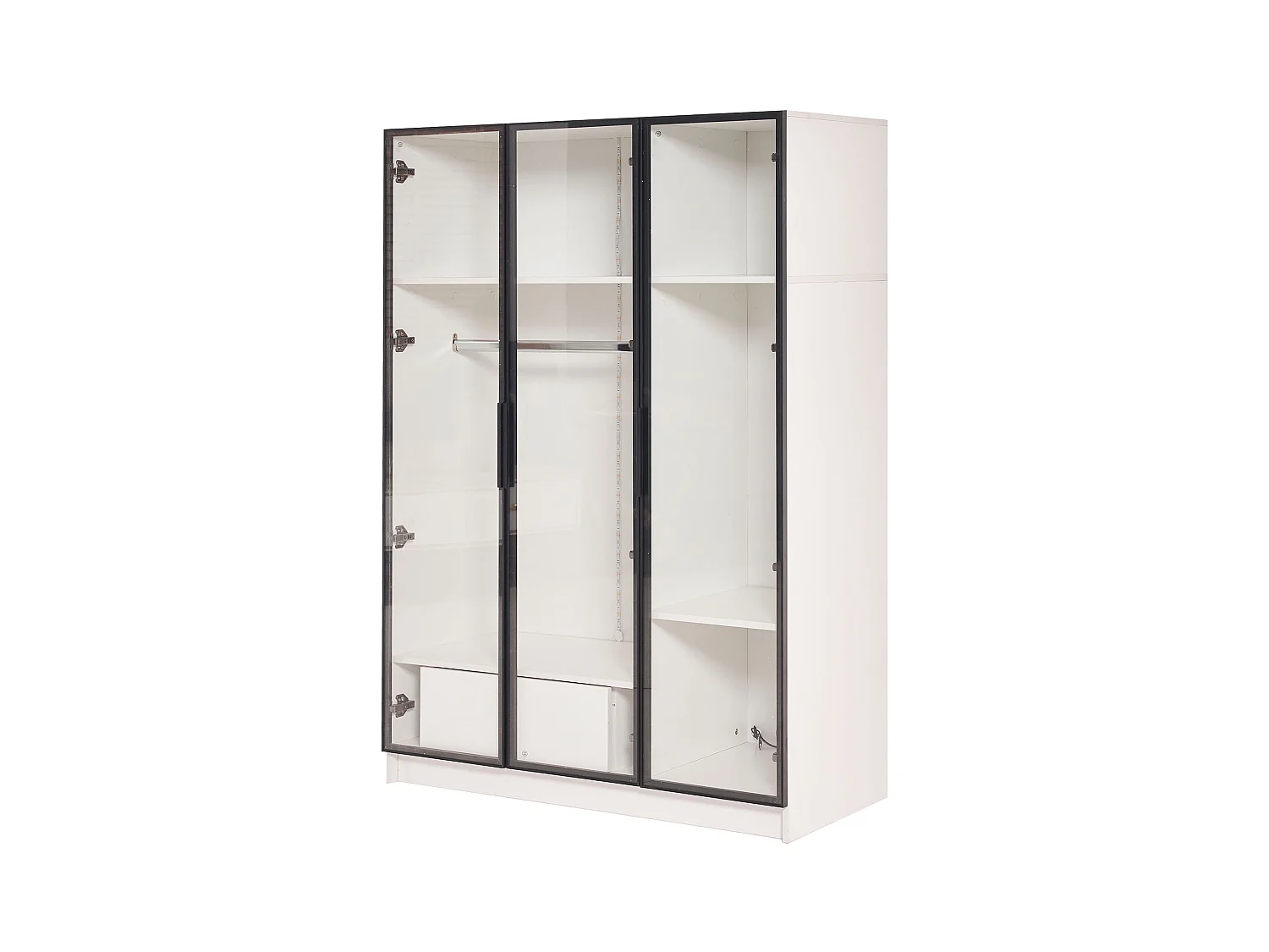 Armoire 110x50x160 cm LED avec 3 portes en vitrée 1 tiroir et 1 barre à vêtements - en bois - blanc