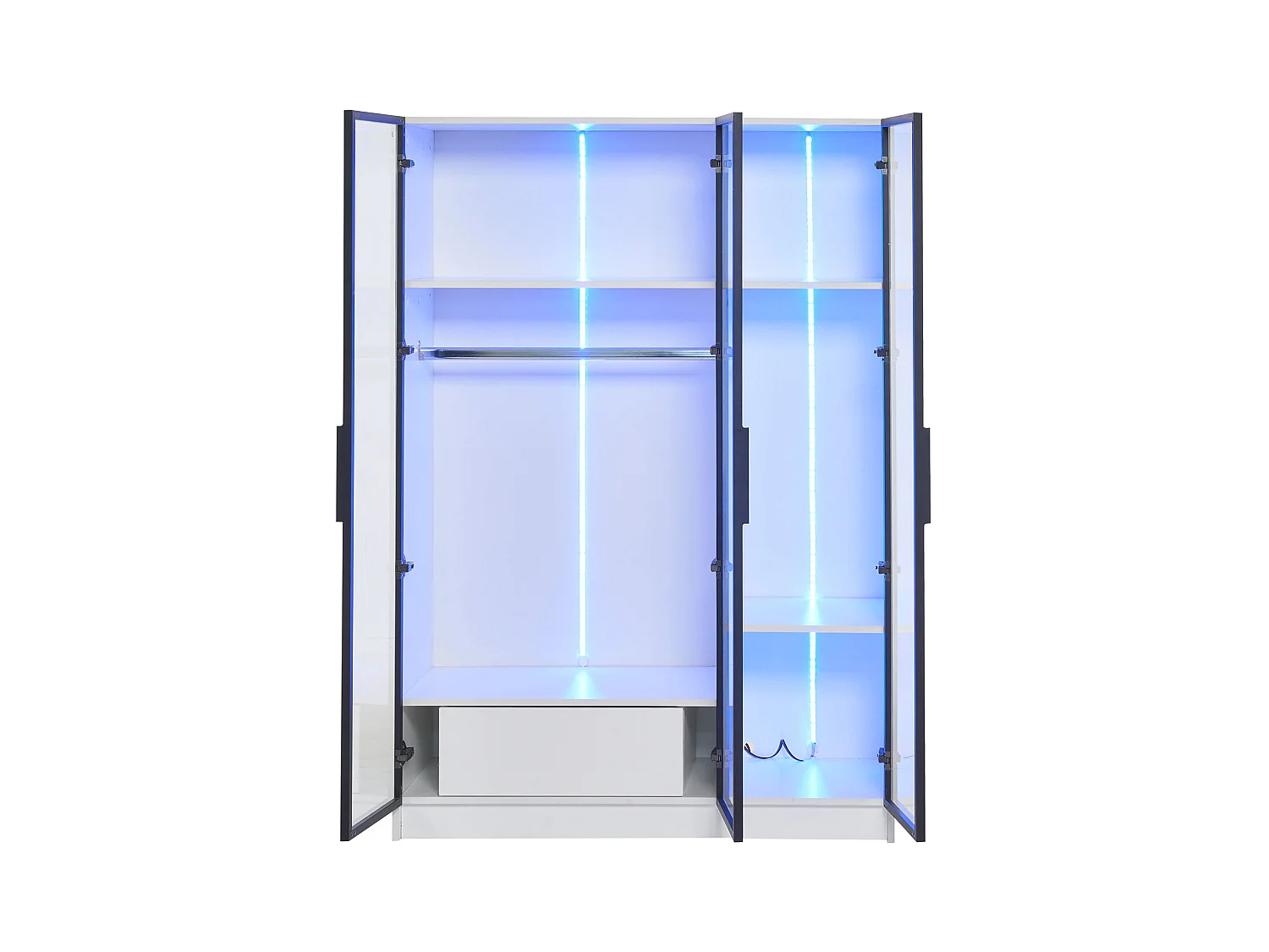 Armoire 110x50x160 cm LED avec 3 portes en vitrée 1 tiroir et 1 barre à vêtements - en bois - blanc