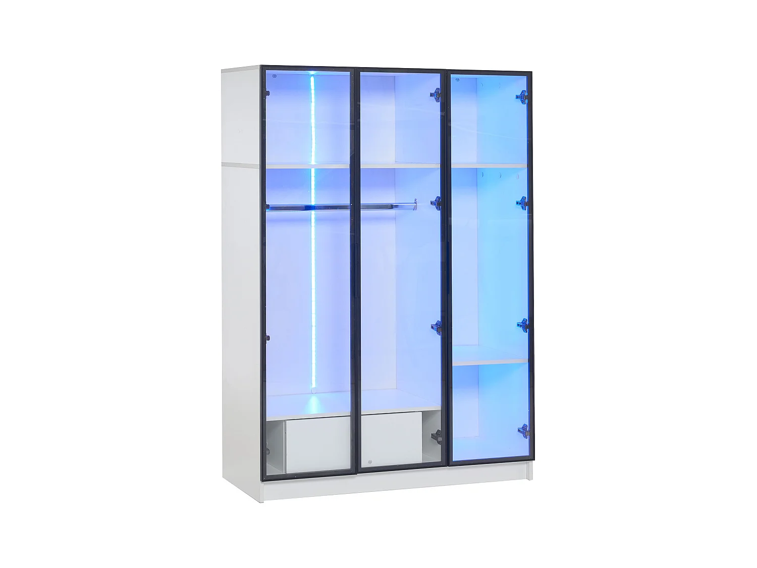 Armoire 110x50x160 cm LED avec 3 portes en vitrée 1 tiroir et 1 barre à vêtements - en bois - blanc