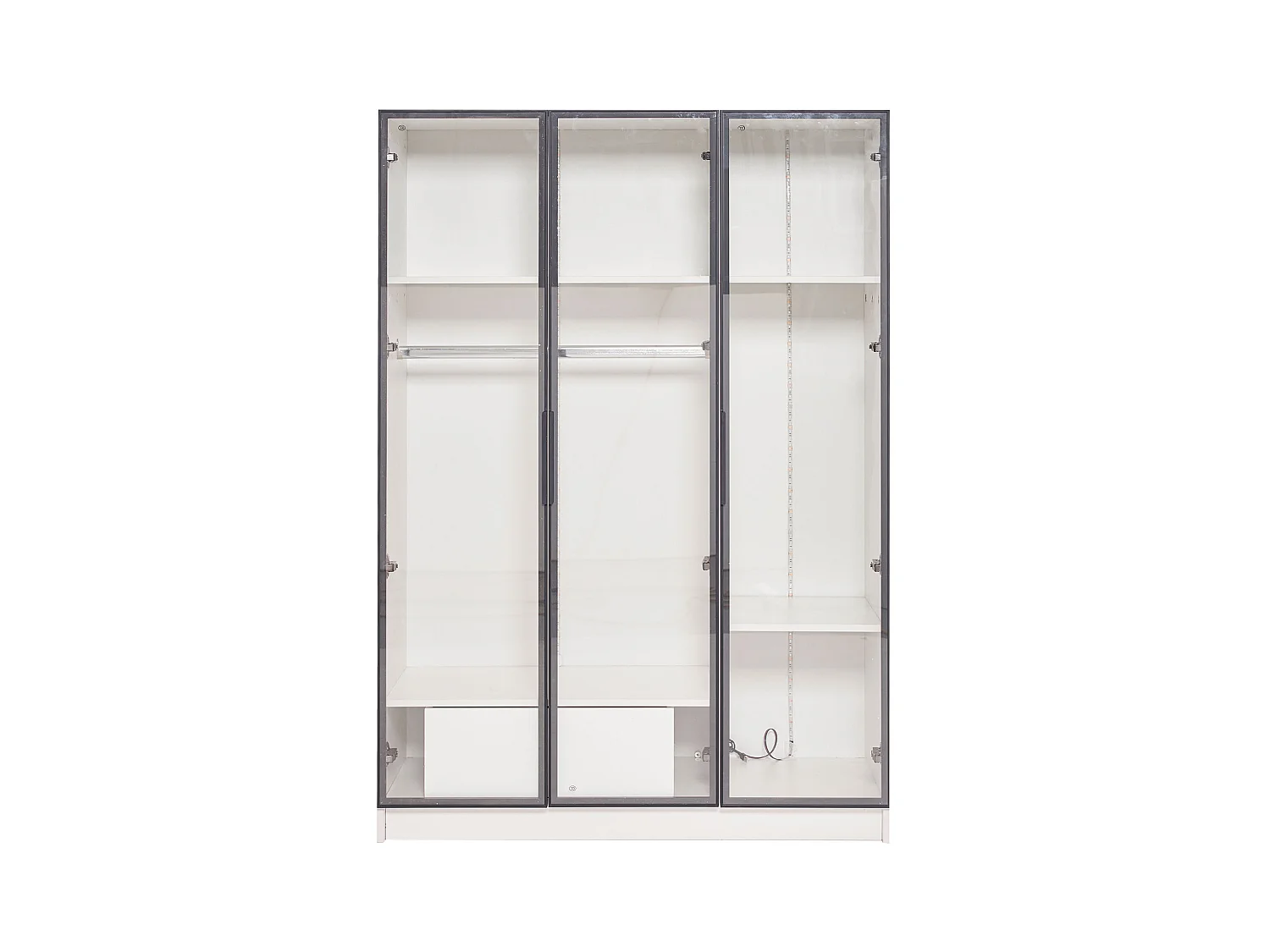 Armoire 110x50x160 cm LED avec 3 portes en vitrée 1 tiroir et 1 barre à vêtements - en bois - blanc