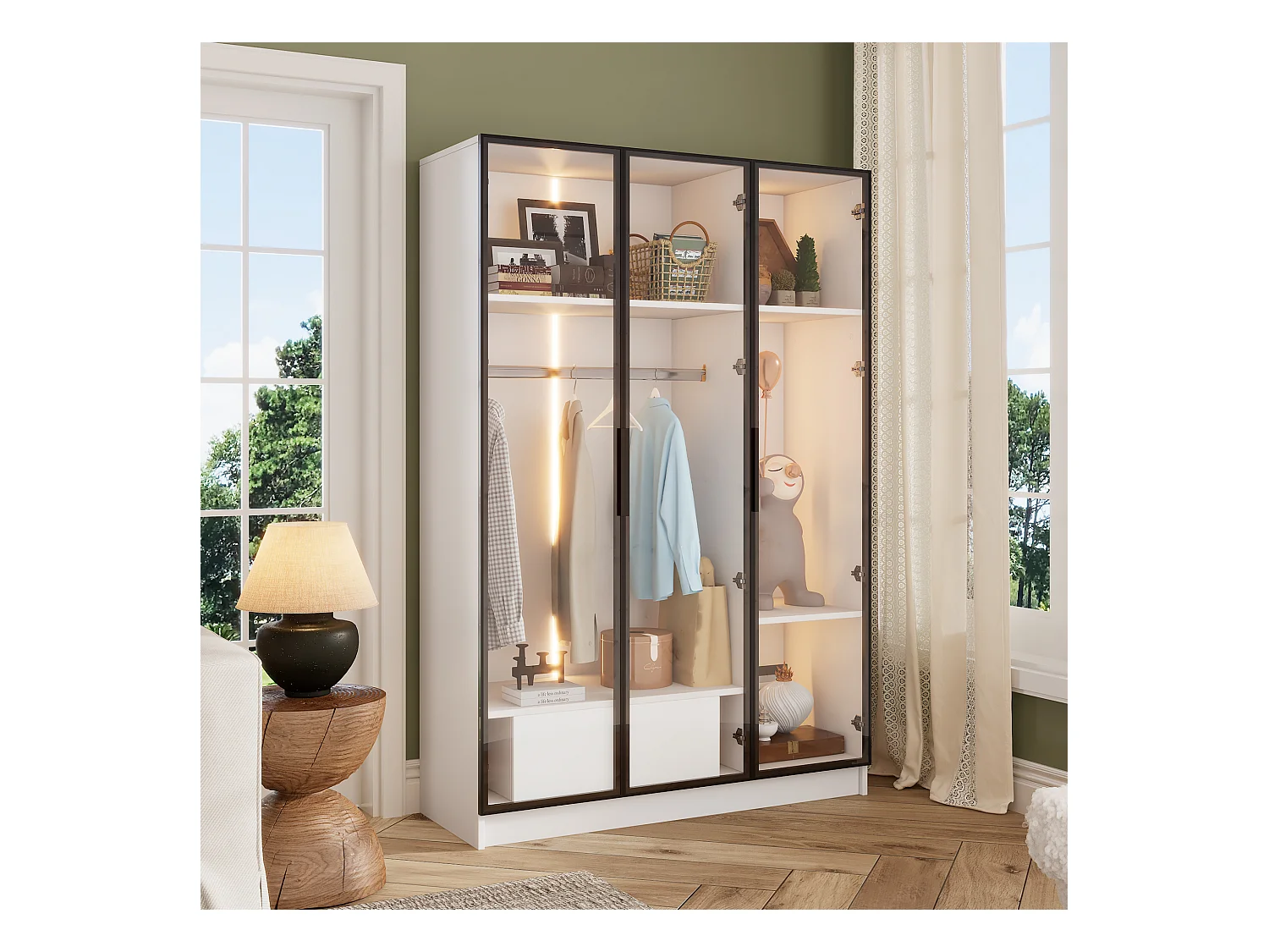 Armoire 110x50x160 cm LED avec 3 portes en vitrée 1 tiroir et 1 barre à vêtements - en bois - blanc