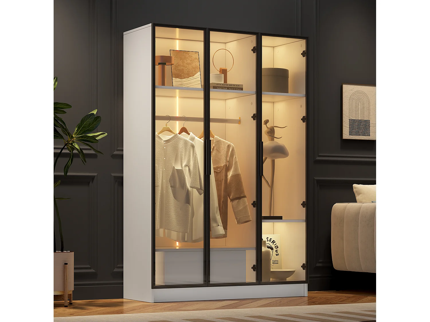 Armoire 110x50x160 cm LED avec 3 portes en vitrée 1 tiroir et 1 barre à vêtements - en bois - blanc