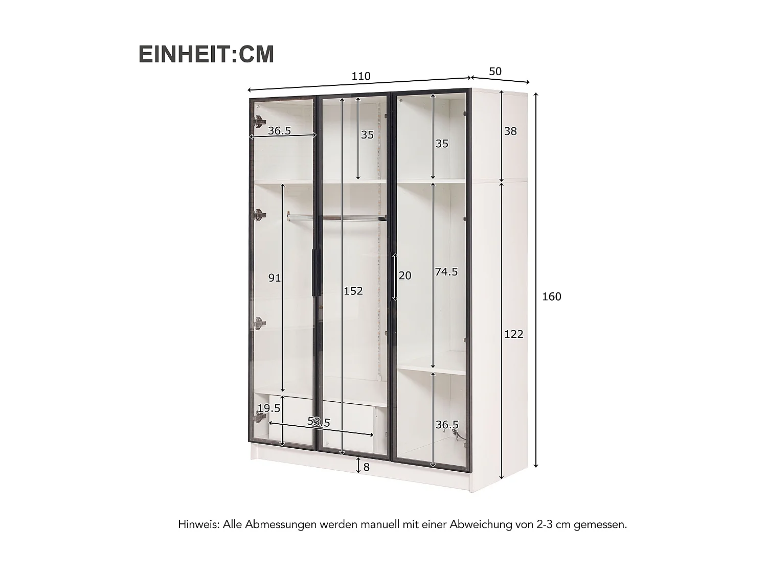 Armoire 110x50x160 cm LED avec 3 portes en vitrée 1 tiroir et 1 barre à vêtements - en bois - blanc