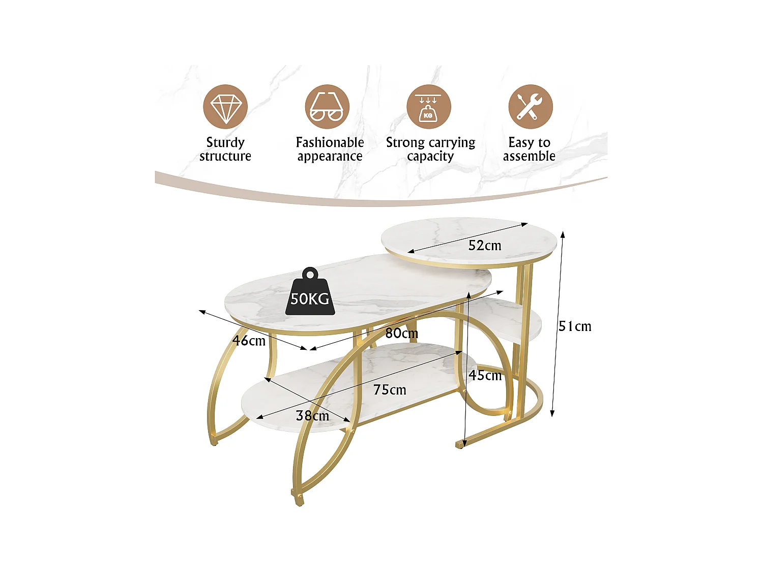 Petite table basse minimaliste moderne - table basse de salon en marbre blanc / table d'appoint de canapé / table d'exposition, facile à assembler, gain de place