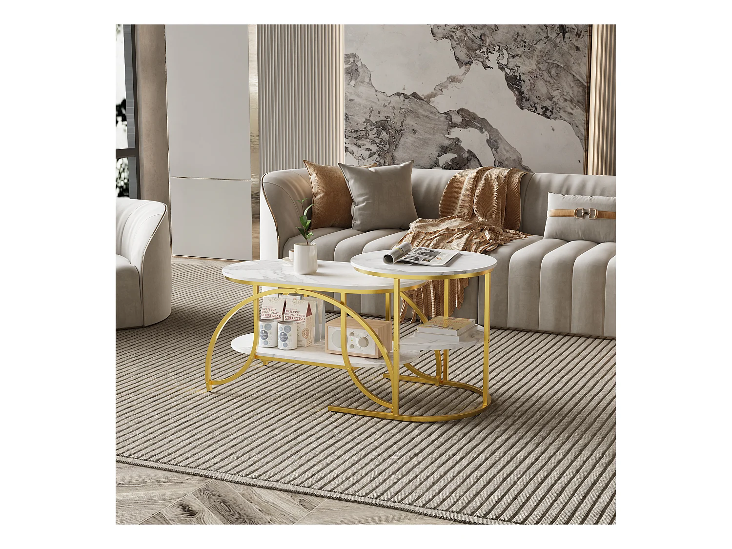 Petite table basse minimaliste moderne - table basse de salon en marbre blanc / table d'appoint de canapé / table d'exposition, facile à assembler, gain de place