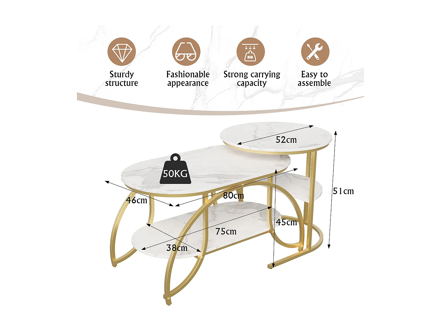 Moderne minimalistische kleine salontafel - Witte marmeren salontafel / salontafel / salontafel, eenvoudig te monteren, ruimtebesparend