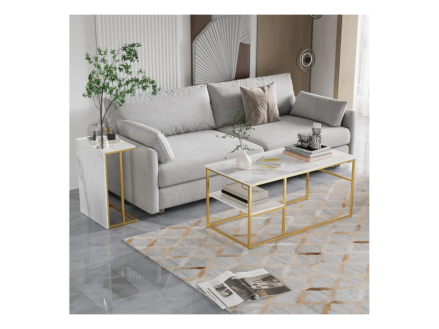 Table basse de rangement moderne à double couche - conception d'angle arrondie anti-collision, grand plateau de table de 105 cm avec étagères de rangement ouvertes