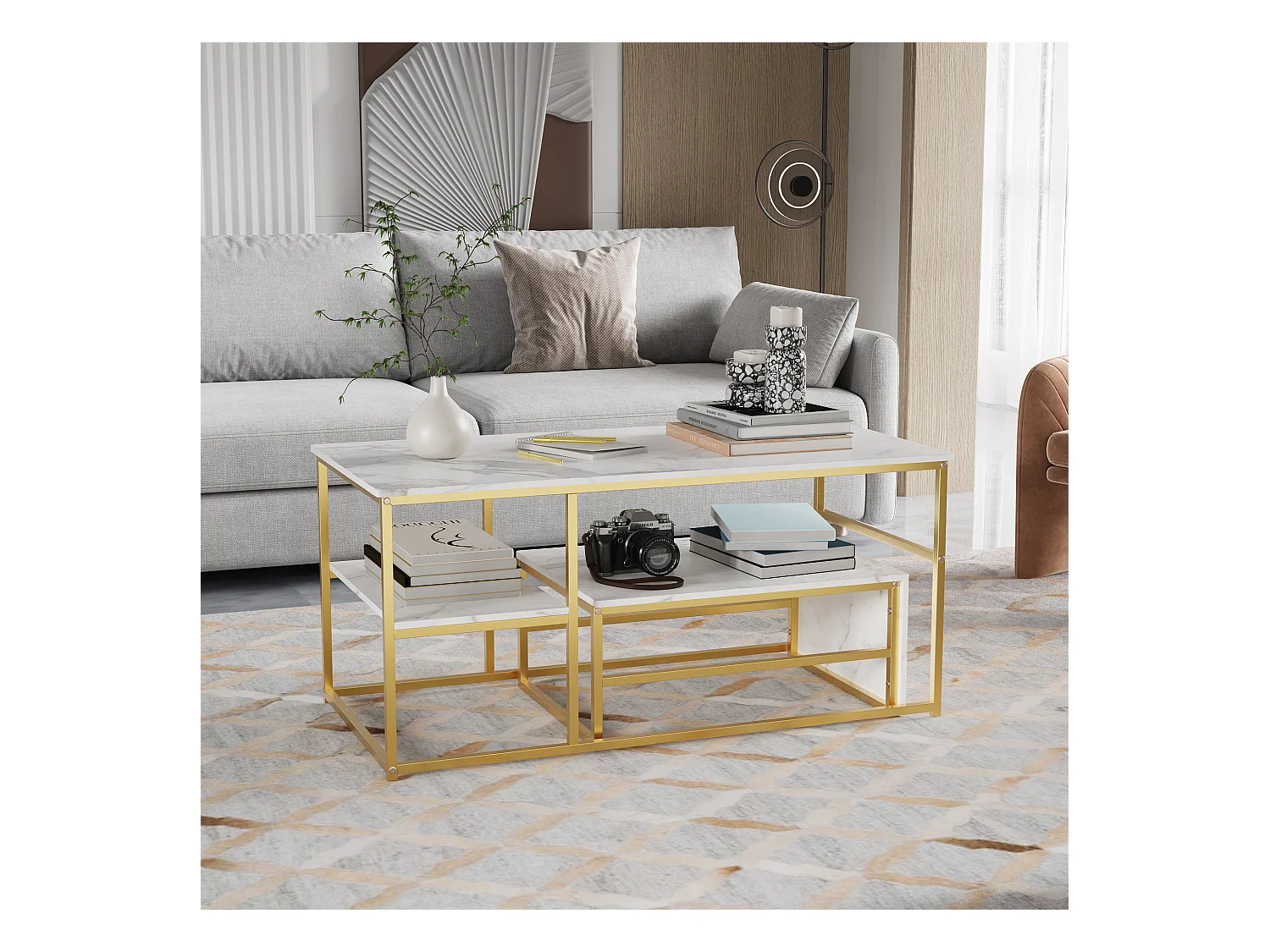 Table basse de rangement moderne à double couche - conception d'angle arrondie anti-collision, grand plateau de table de 105 cm avec étagères de rangement ouvertes