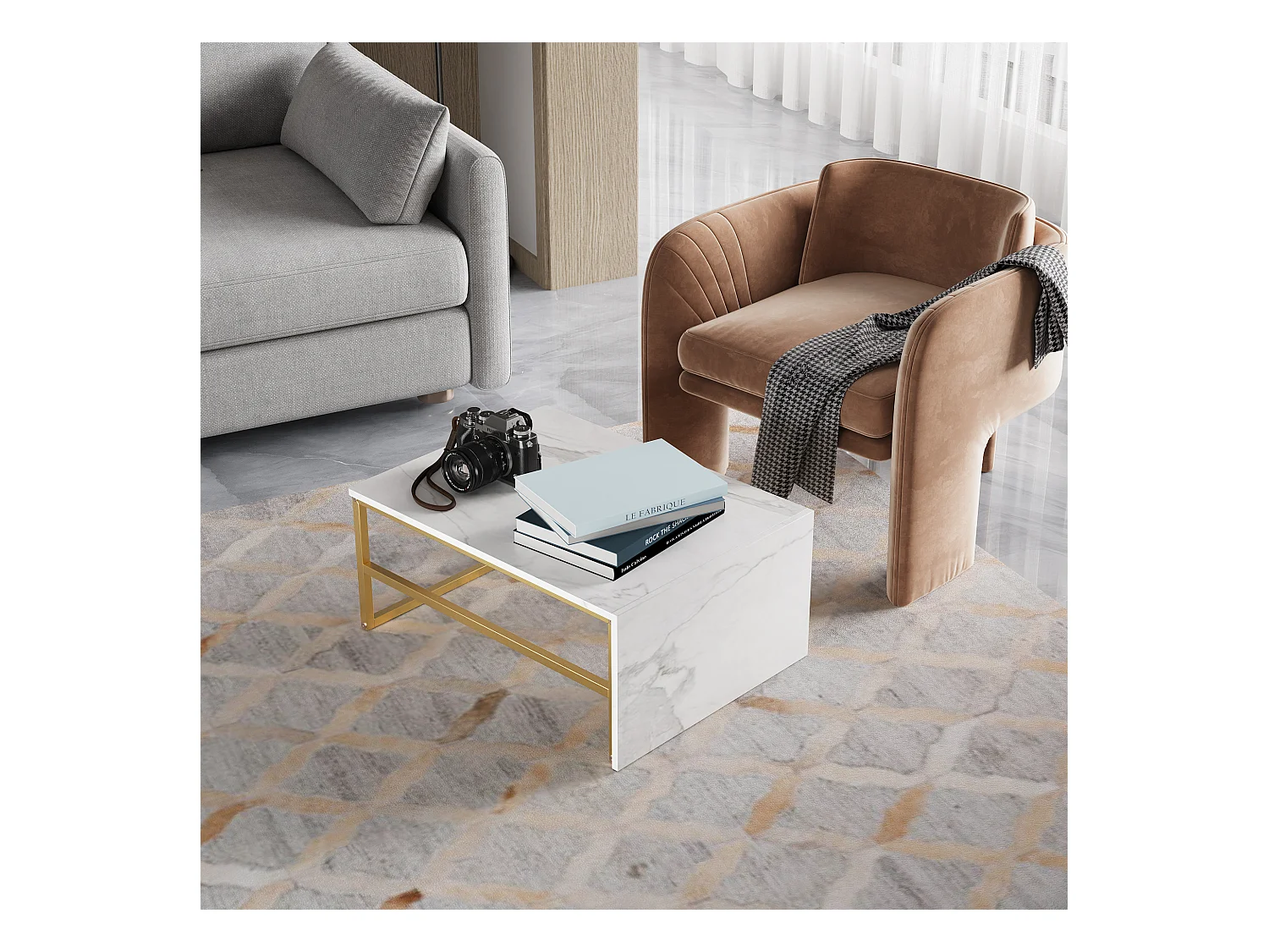 Table basse de rangement moderne à double couche - conception d'angle arrondie anti-collision, grand plateau de table de 105 cm avec étagères de rangement ouvertes