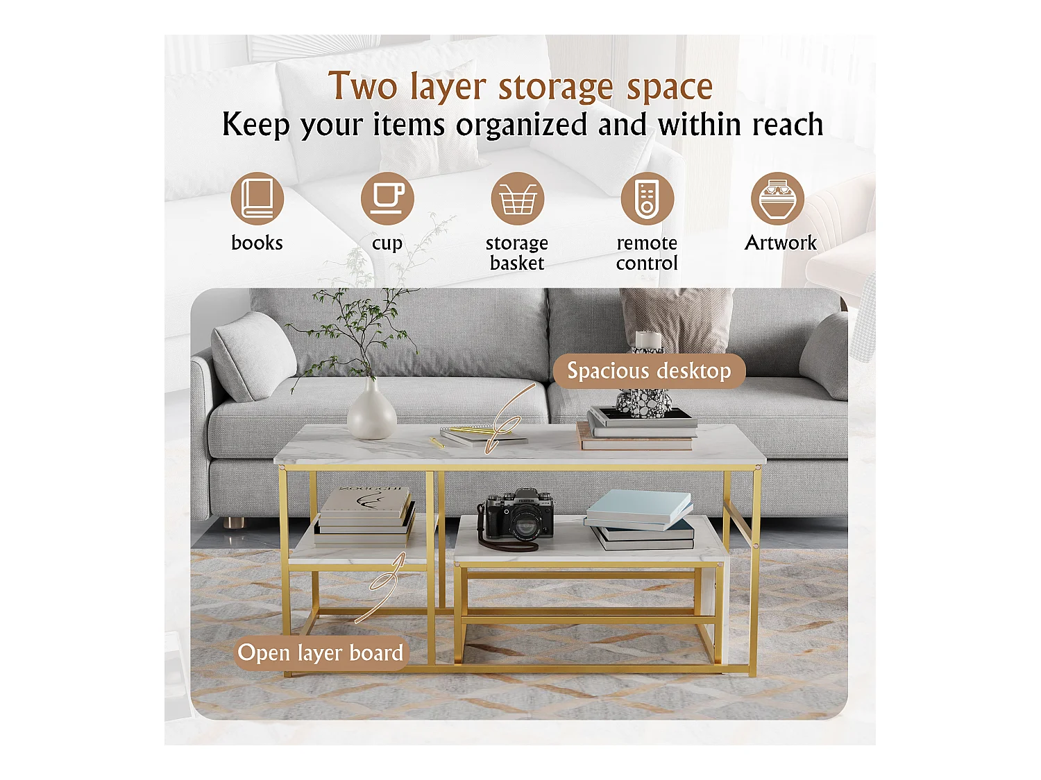 Table basse de rangement moderne à double couche - conception d'angle arrondie anti-collision, grand plateau de table de 105 cm avec étagères de rangement ouvertes