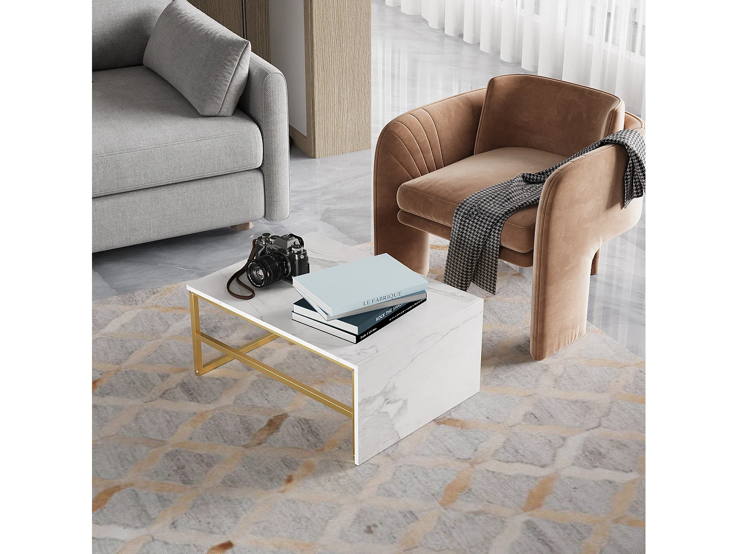 Table basse de rangement moderne à double couche - conception d'angle arrondie anti-collision, grand plateau de table de 105 cm avec étagères de rangement ouvertes