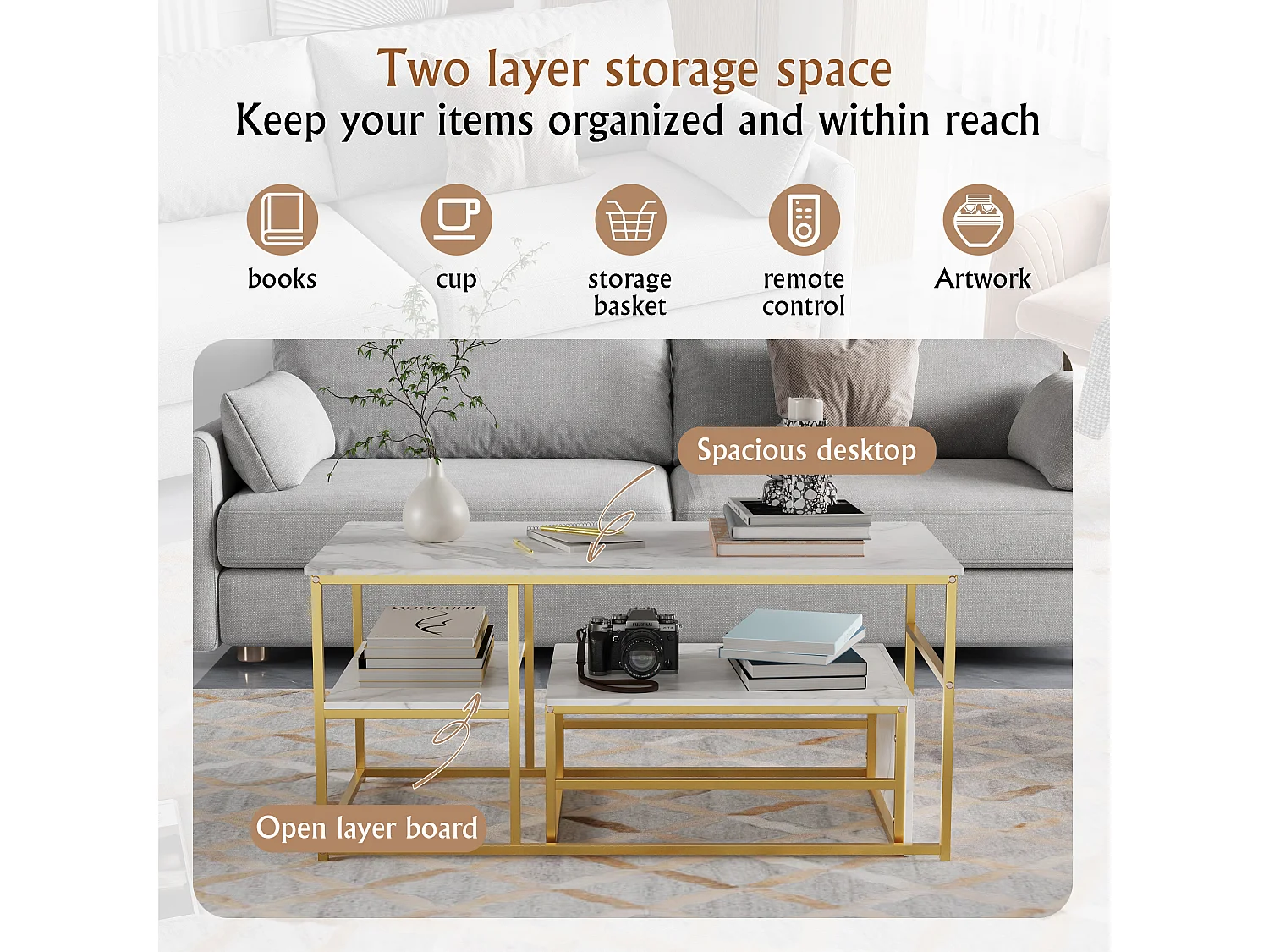 Table basse de rangement moderne à double couche - conception d'angle arrondie anti-collision, grand plateau de table de 105 cm avec étagères de rangement ouvertes