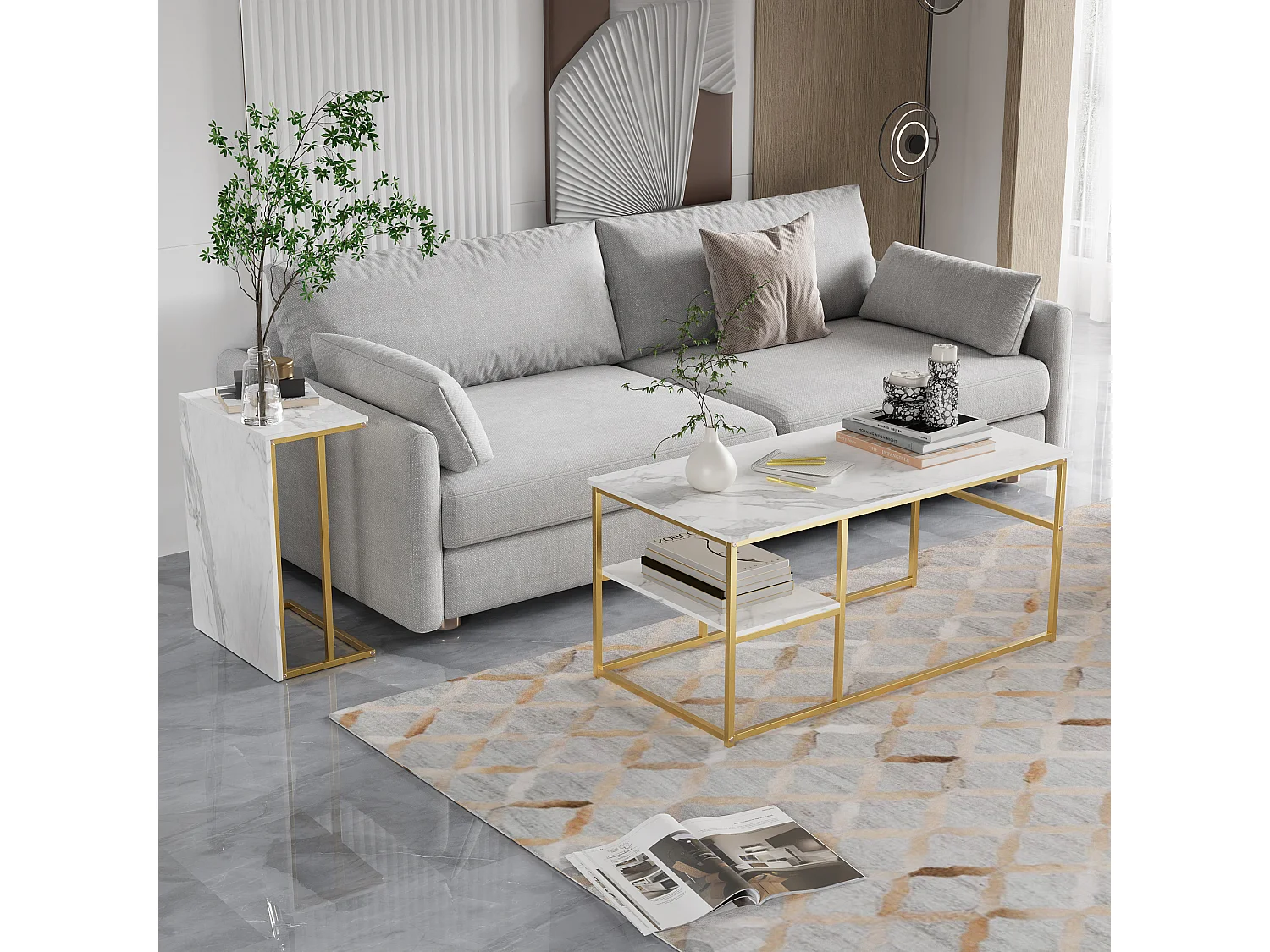 Table basse de rangement moderne à double couche - conception d'angle arrondie anti-collision, grand plateau de table de 105 cm avec étagères de rangement ouvertes