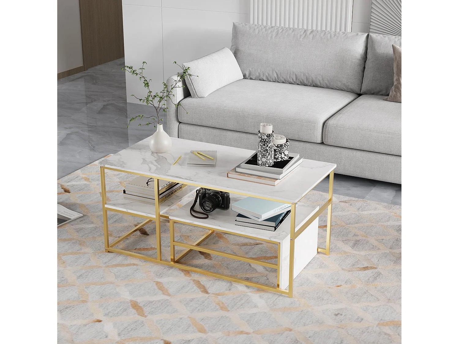 Table basse de rangement moderne à double couche - conception d'angle arrondie anti-collision, grand plateau de table de 105 cm avec étagères de rangement ouvertes