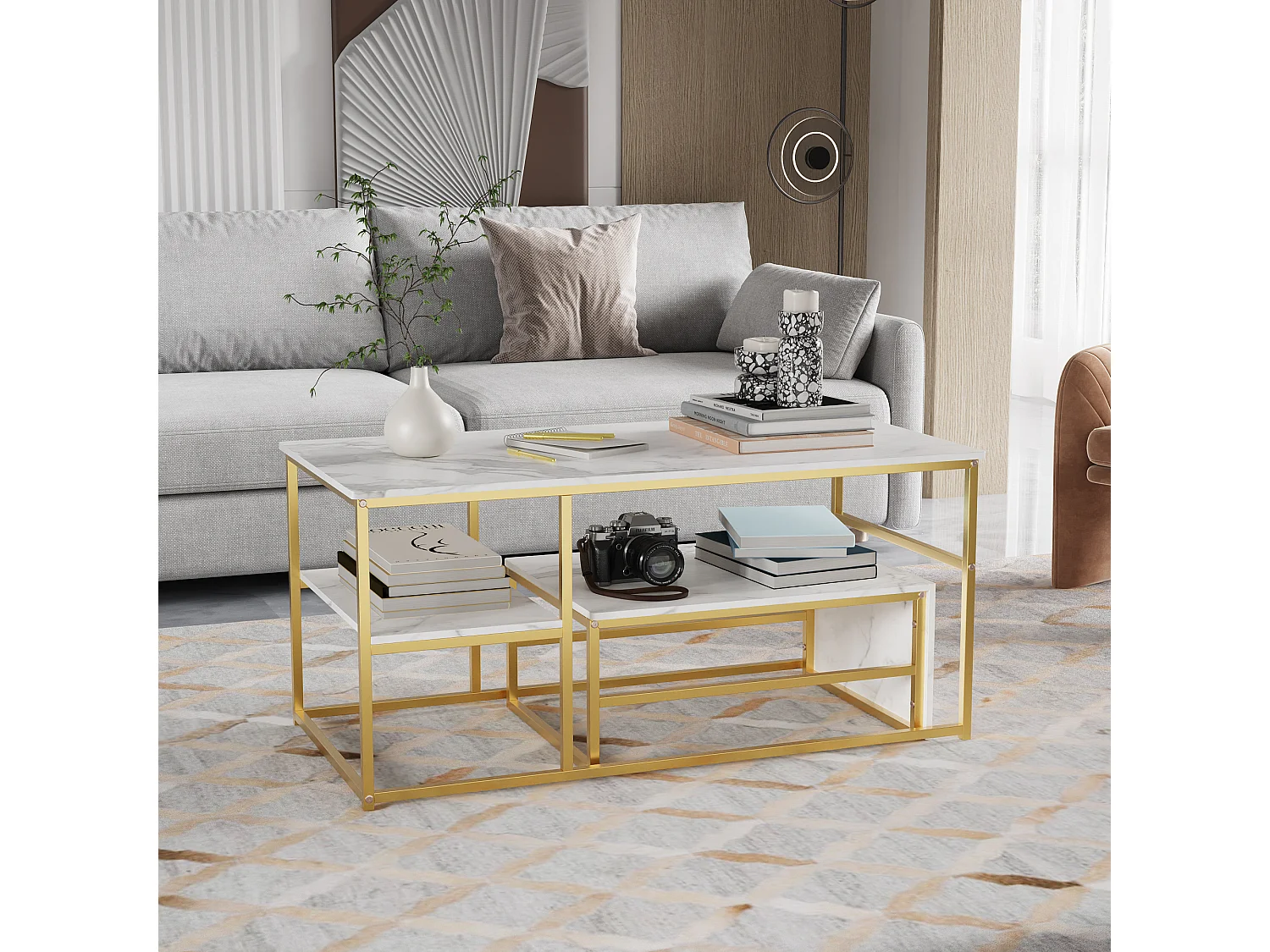 Table basse de rangement moderne à double couche - conception d'angle arrondie anti-collision, grand plateau de table de 105 cm avec étagères de rangement ouvertes